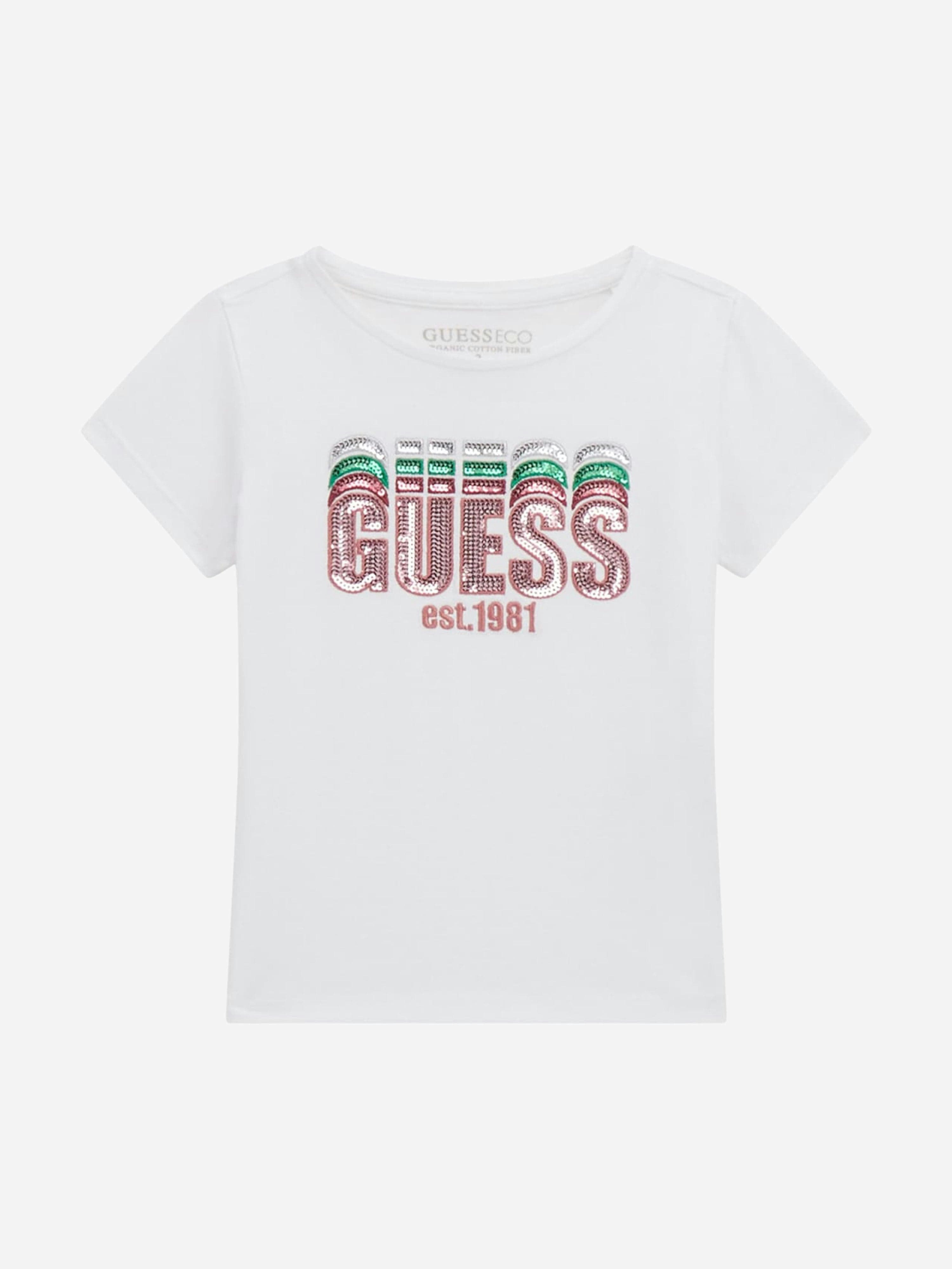 Guess Girls White Sequin Logo T-Shirt In - 6 - 9 Mths