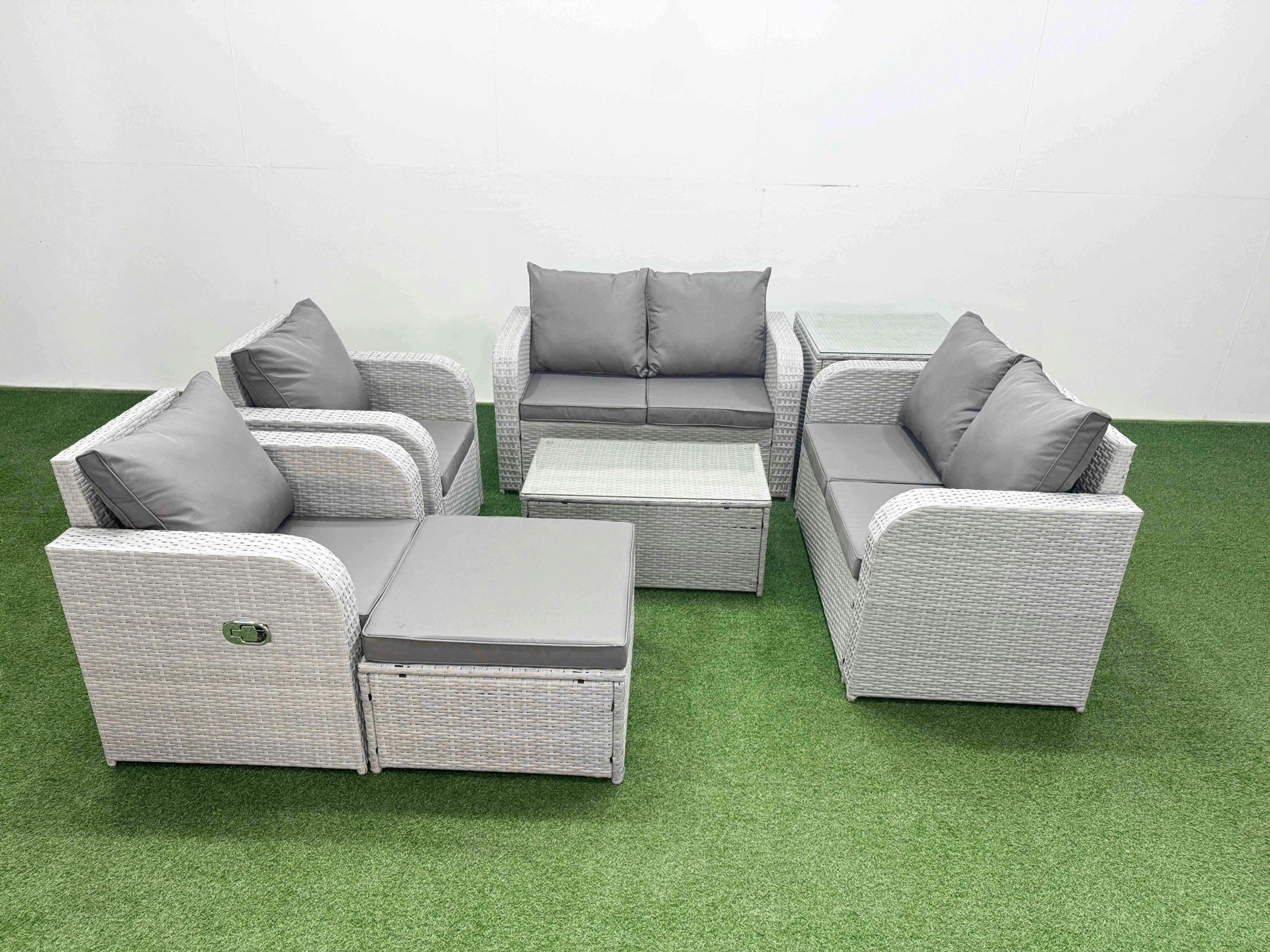 Rackhams Light/Grey 7 Seater Outdoor Reclining Chair Love Sofa Set Rattan Garden Furniture Set With Rectangular Coffee Table Footstool Side Table