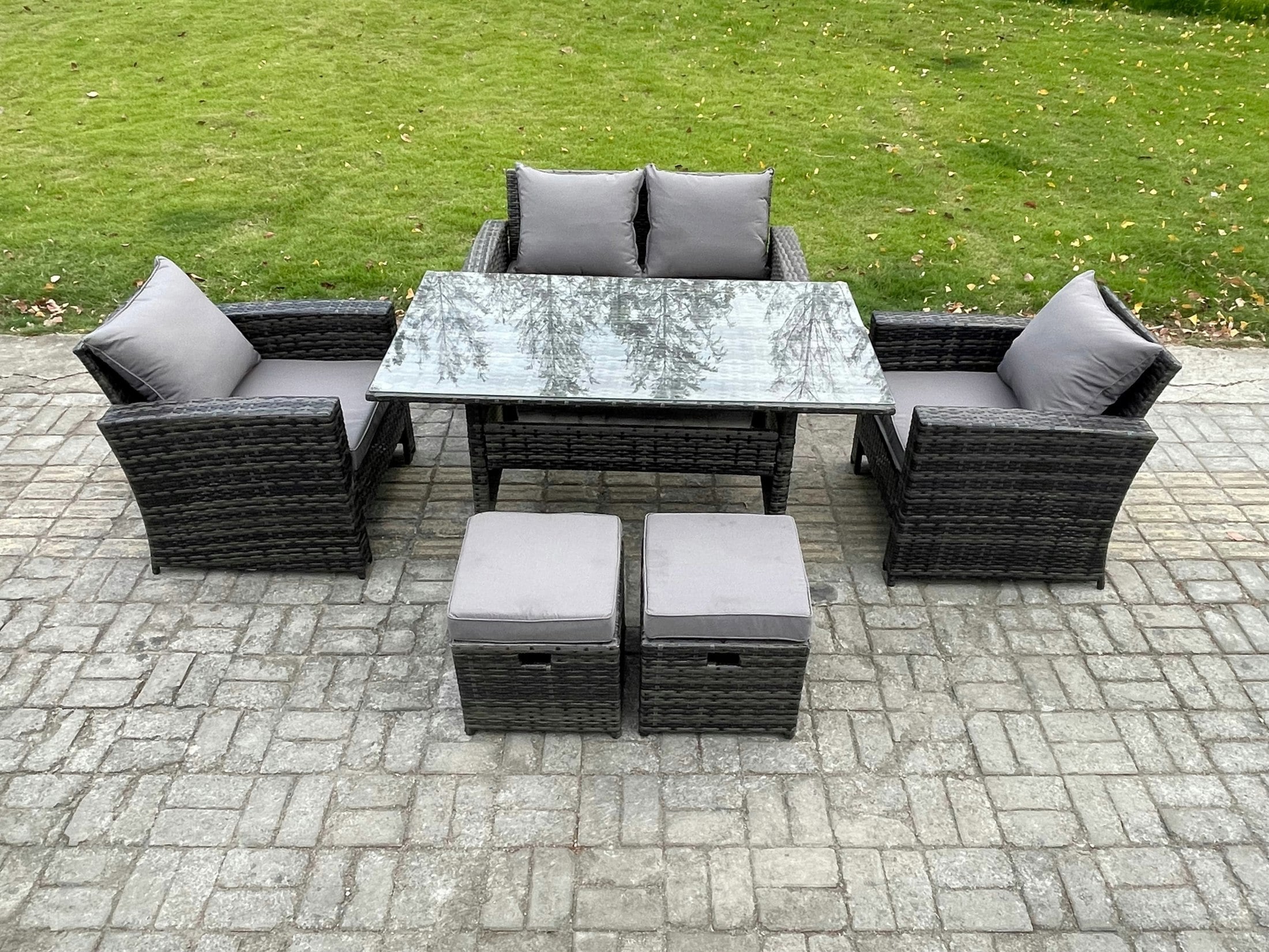 Rackhams Dark/Grey 6 Seater Pe Wicker Outdoor Garden Furniture Set Patio Furniture Rattan Rectangular Dining Table Lounge Sofa With 2 Small Footstools