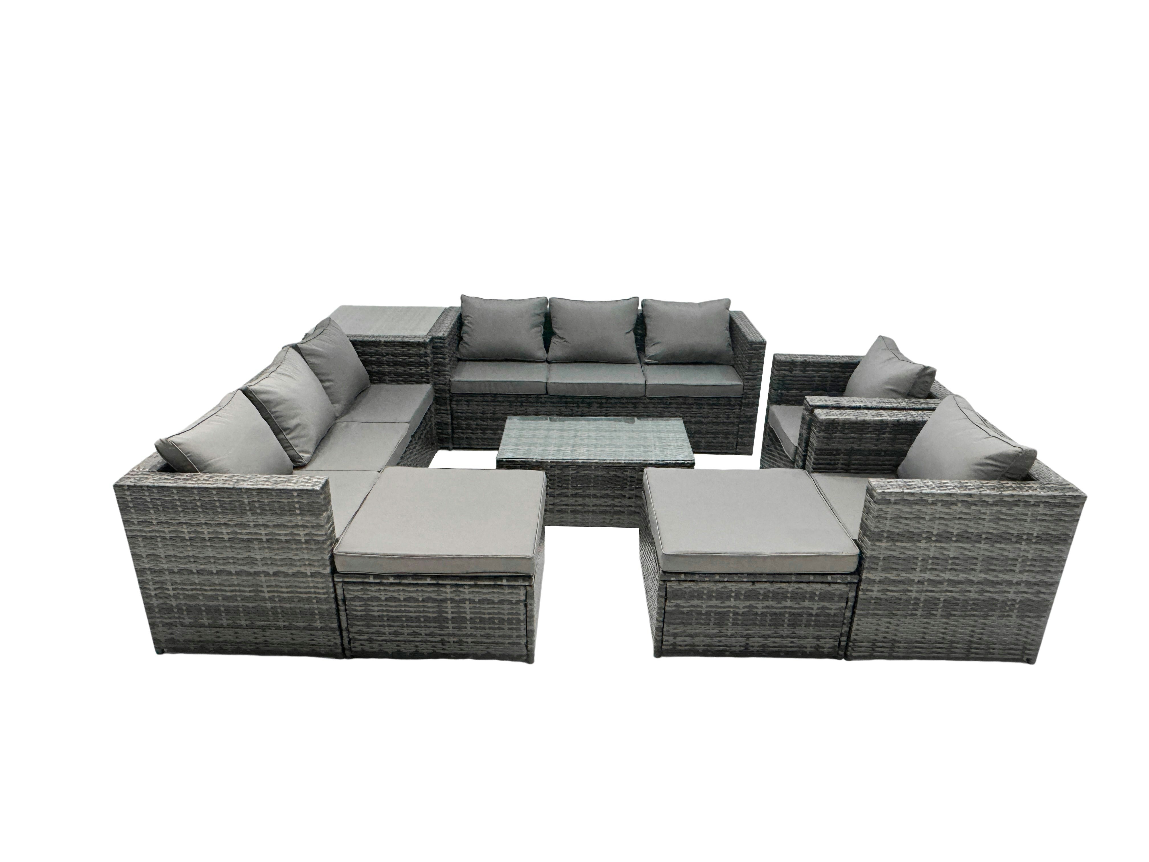 Rackhams Dark/Grey Rattan Garden Furniture Dining Set 10 Seater Patio Coffee Table Sofa Set With 2 Big Stools Side Table Mixed