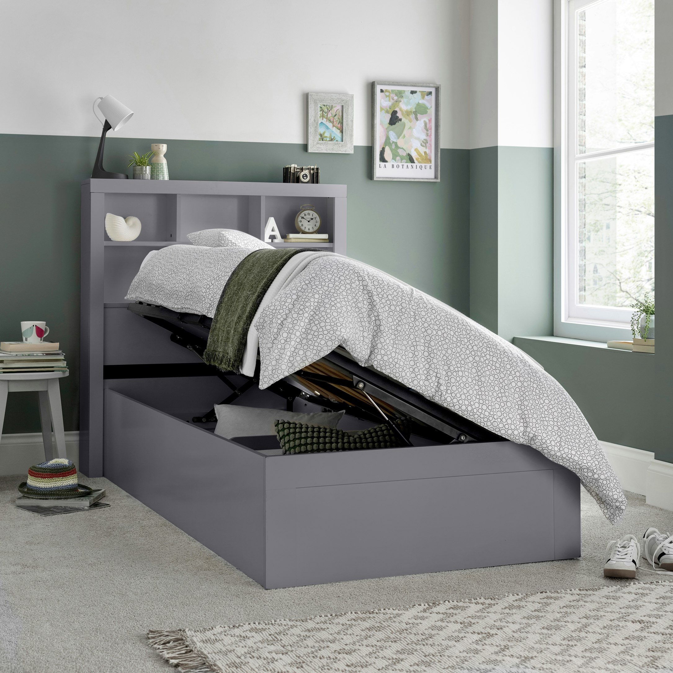 Bedmaster Grey Oscar Wooden Bookcase Ottoman Storage Bed Single - Single