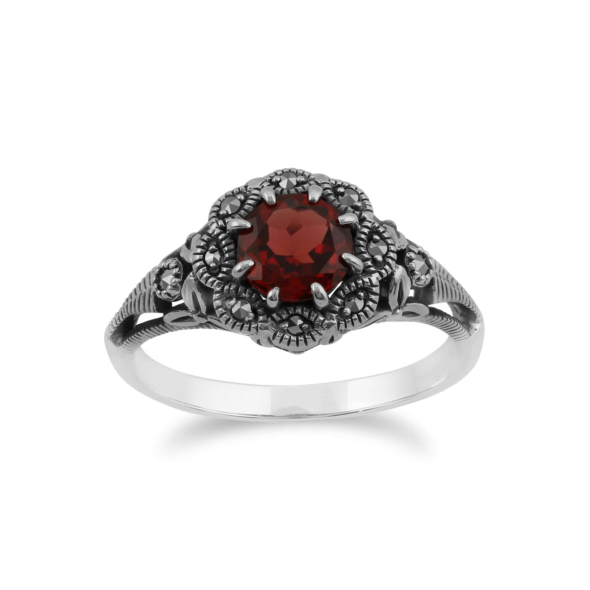 Gemondo Silver Art Nouveau Style Round Garnet & Marcasite Floral Ring In Sterling - Q