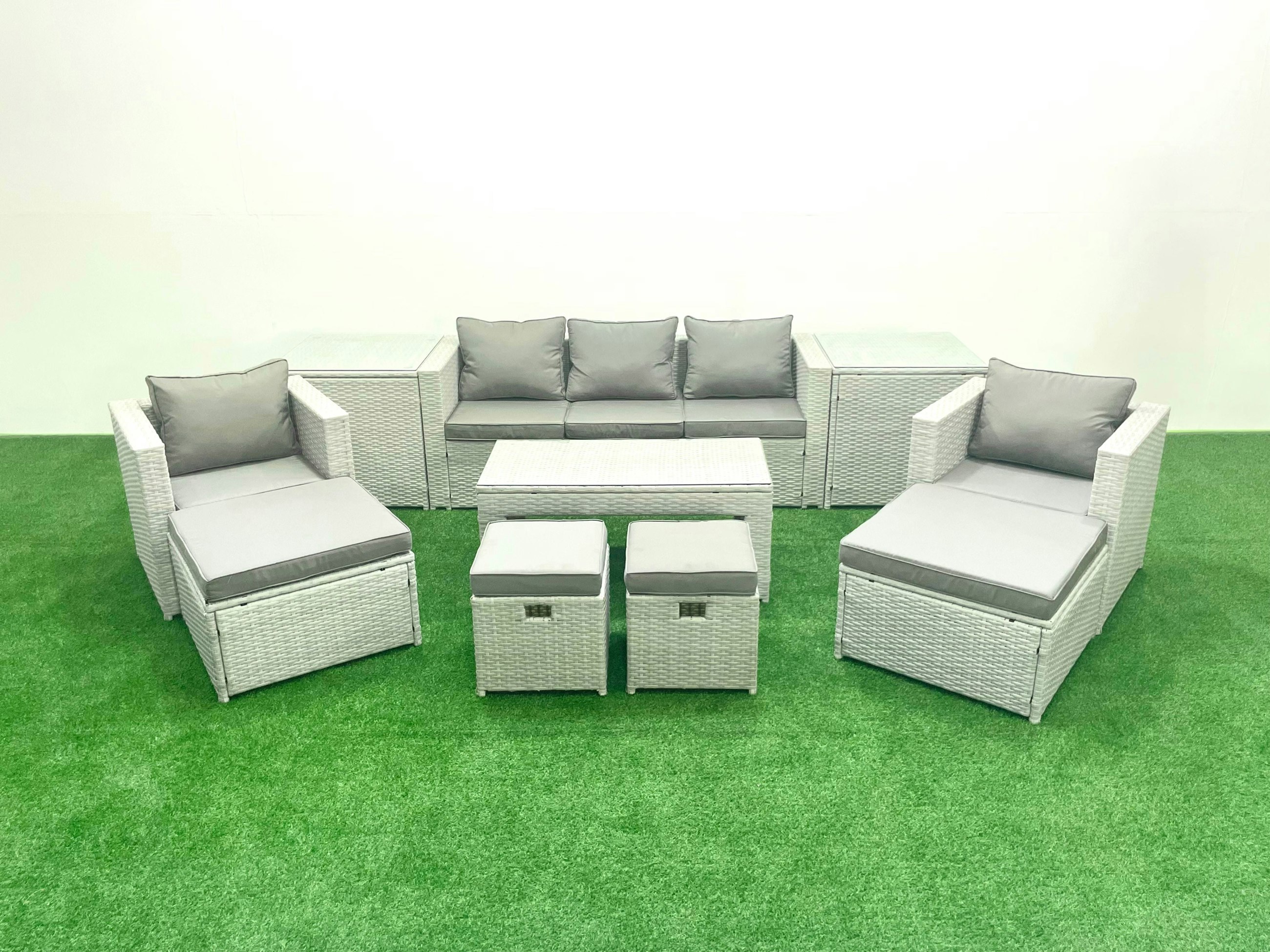 Rackhams Light/Grey Rattan Garden Furniture Set Outdoor Lounger Sofa With Coffee Table 4 Footstools 2 Side Tables Mixed 9 Seater