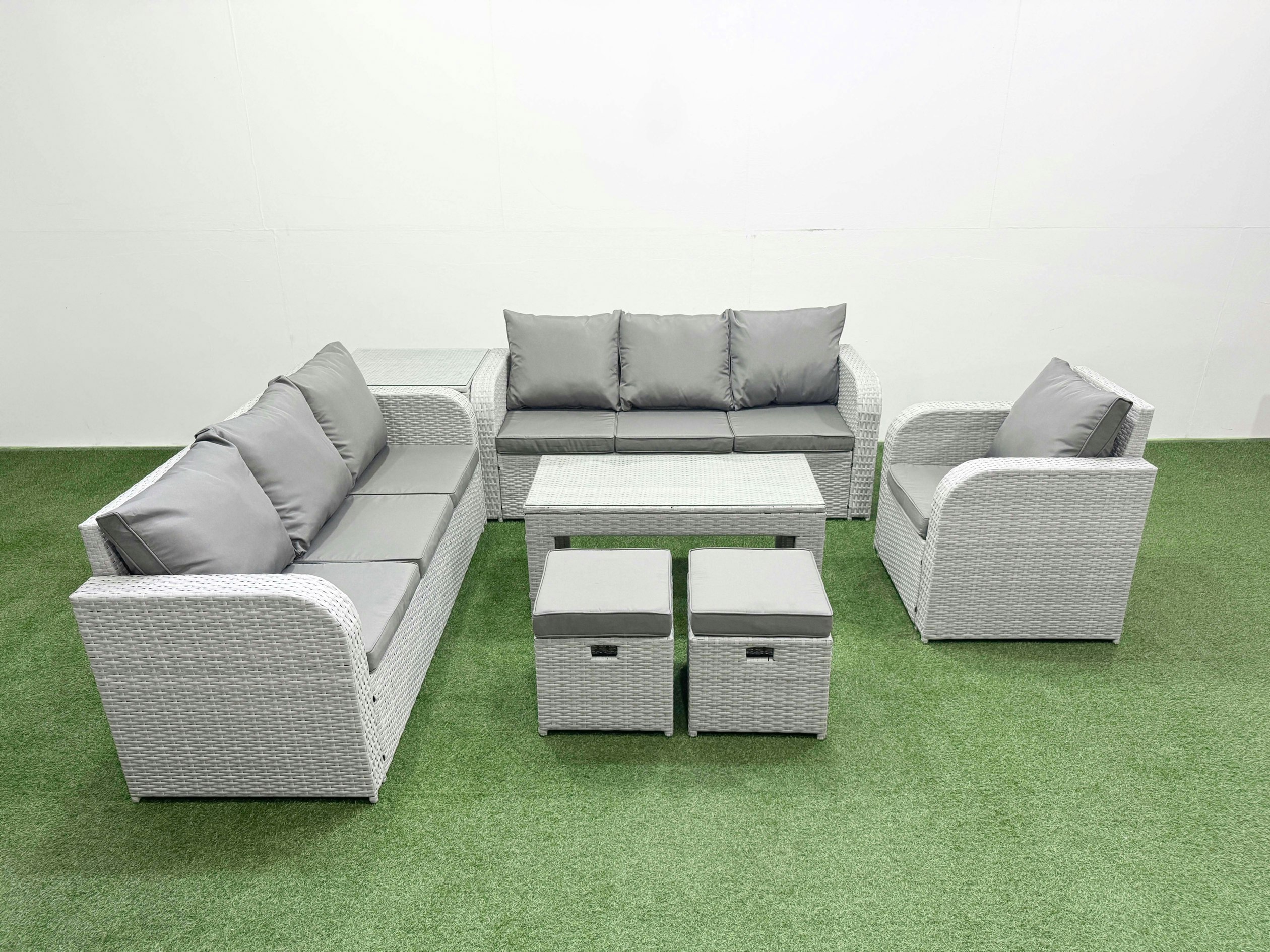 Rackhams Light/Grey 9-Seater Poly Rattan Garden Furniture Set - Outdoor Patio Sofa With Oblong Coffee Table & Reclining Chair