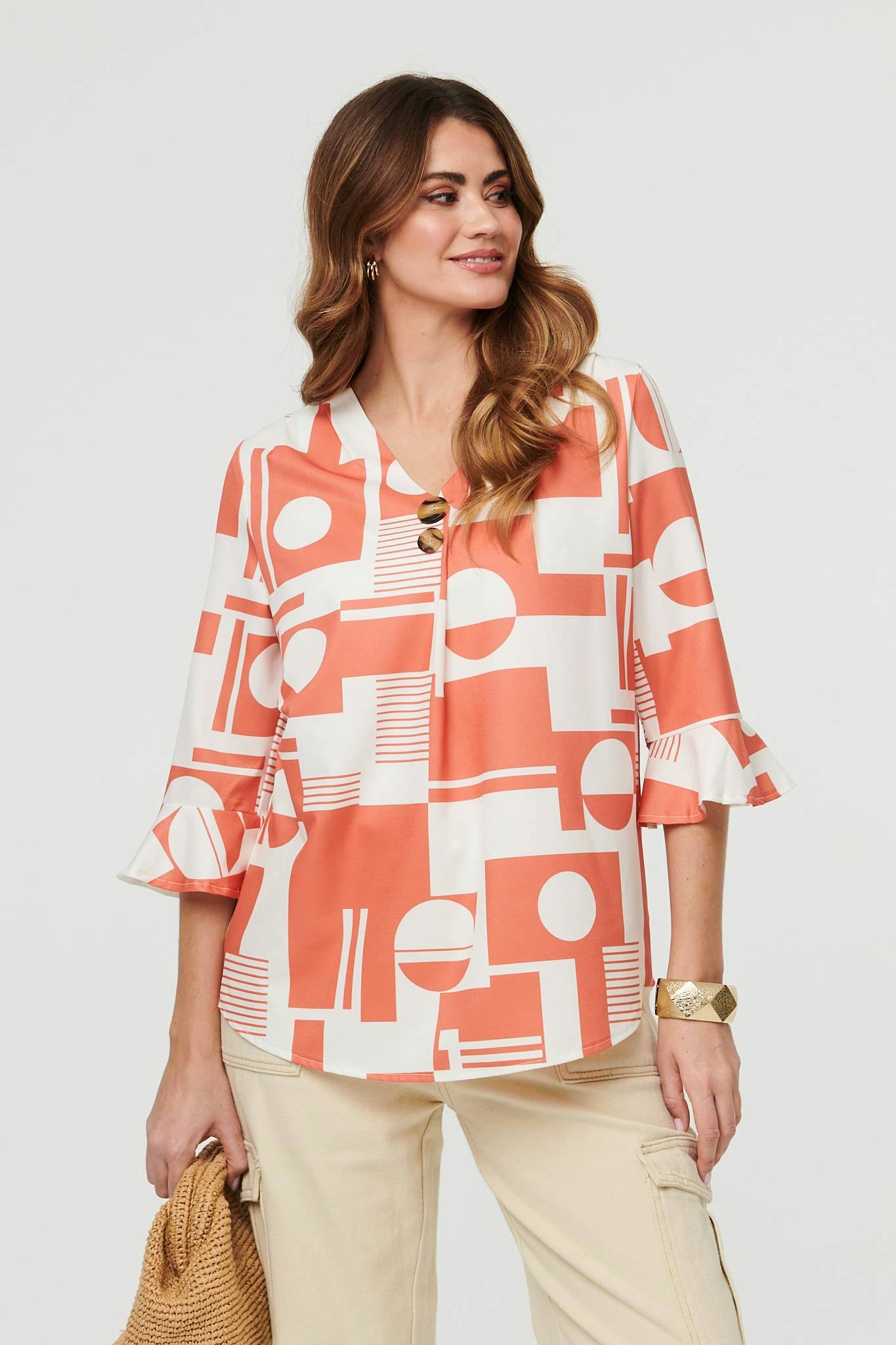 Izabel London Orange Geo Print 3/4 Flared Sleeve Blouse - 16