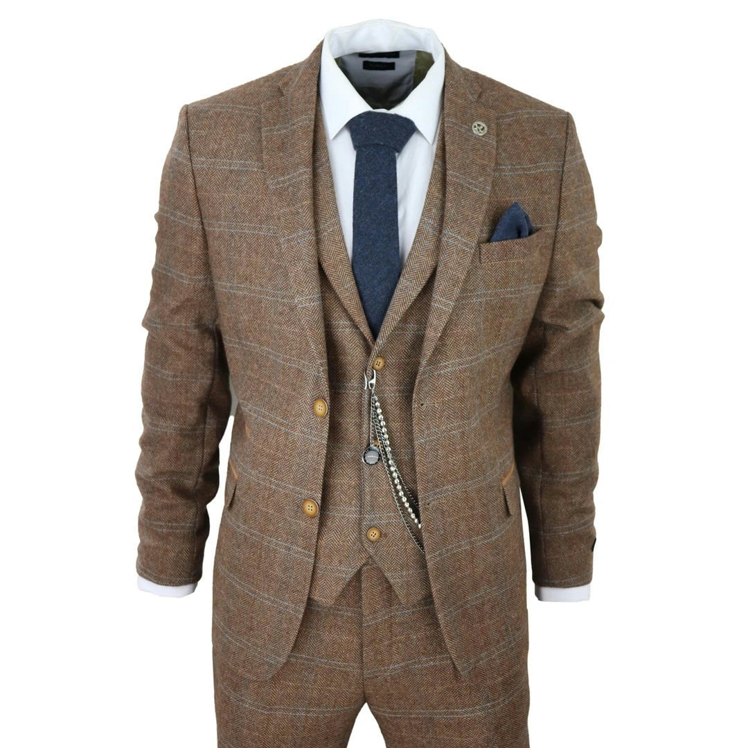 Truclothing Men's Brown/Blue Stz73 - 3 Piece Suit Wool Tweed Herringbone Tan Check 1920S Gatsby Formal Dress Suits - 52" Jacket 46" Trousers