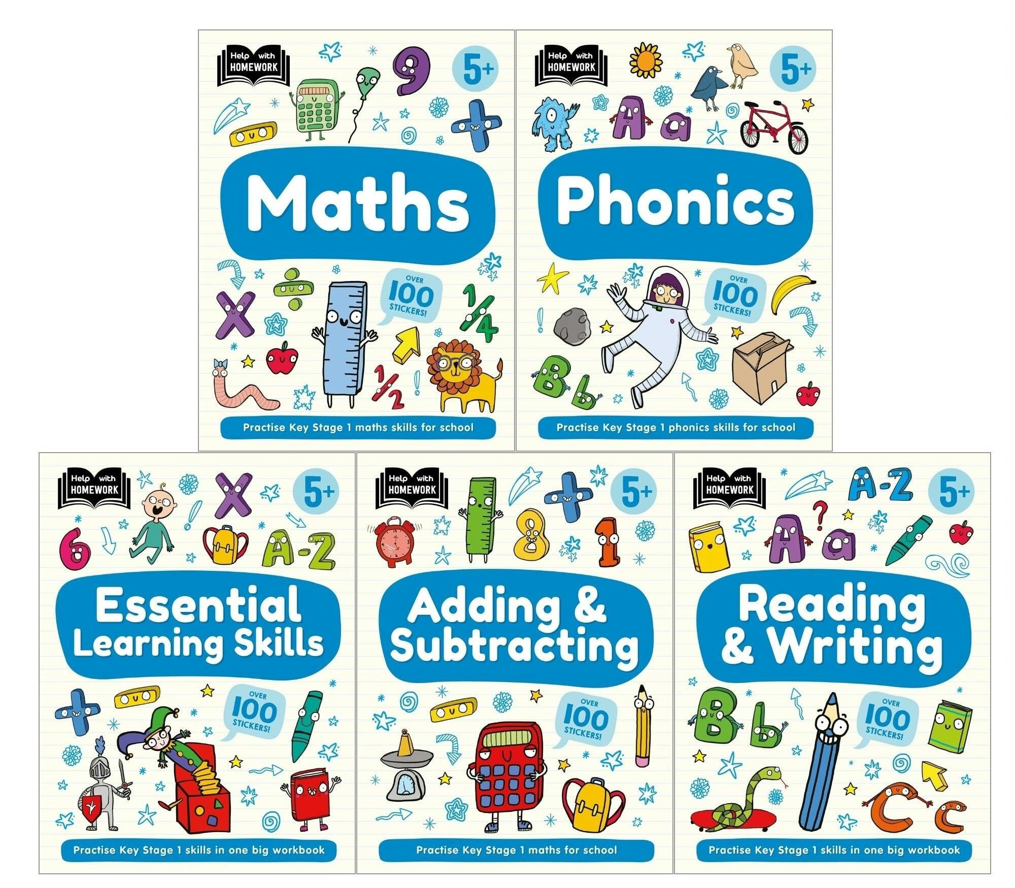 Various Publishers Help With Homework 5 Books Collection Set Age 5+ (Essential Learning Skills, Maths, Phonics, Reading & Writing, Adding & Subtracting)