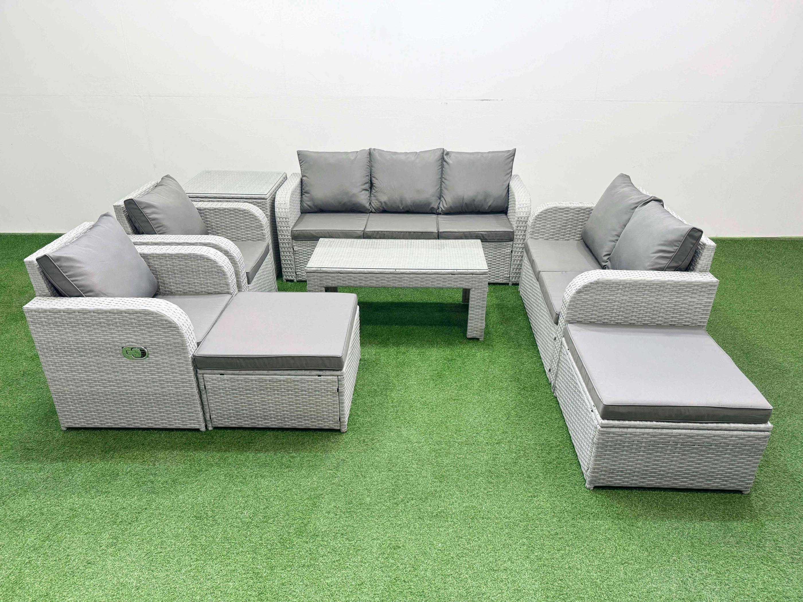 Rackhams Light/Grey 9 Seater Rattan Garden Furniture Set With Coffee Table, 1 Sofa, 1 Loveseat, 2 Reclining Chairs, 2 Footstools & 1 Side Table