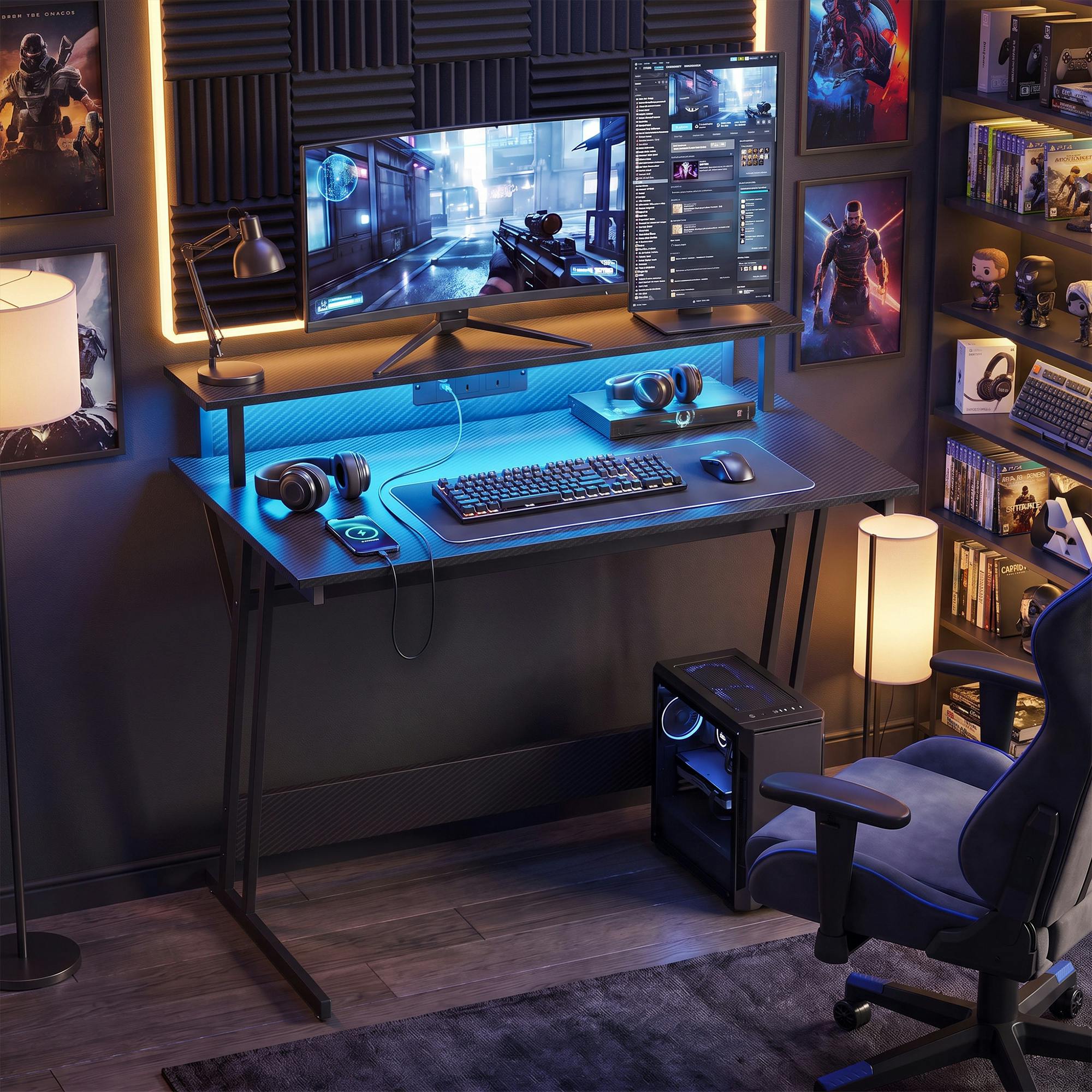Homcom Black Led Gaming Desk With Power Outlets And Monitor Stand 100 X 60Cm