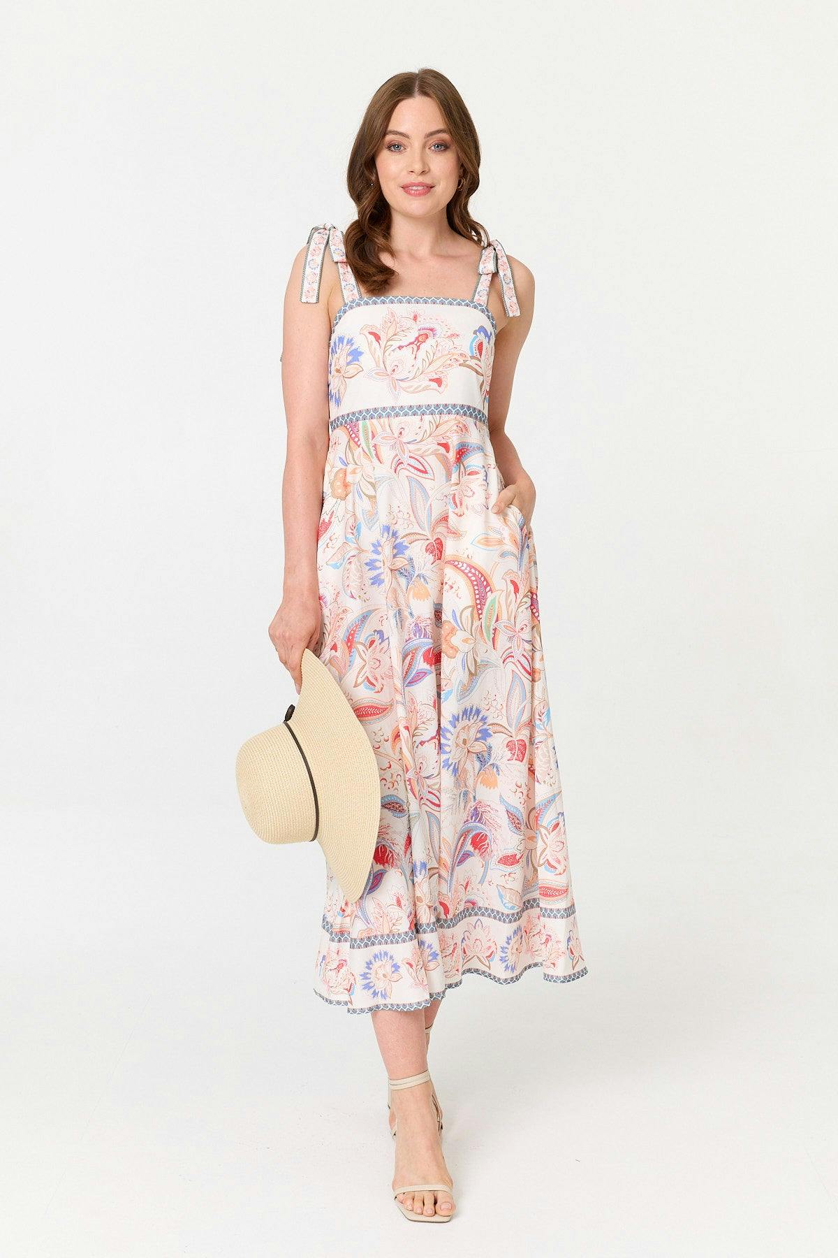 Izabel London White Floral Tie Sleeveless A-Line Midi Dress - 18