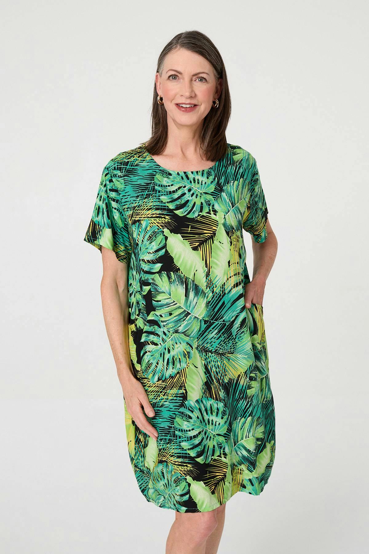 Izabel London Green Tropical Print Shift Knee Length Dress - 16