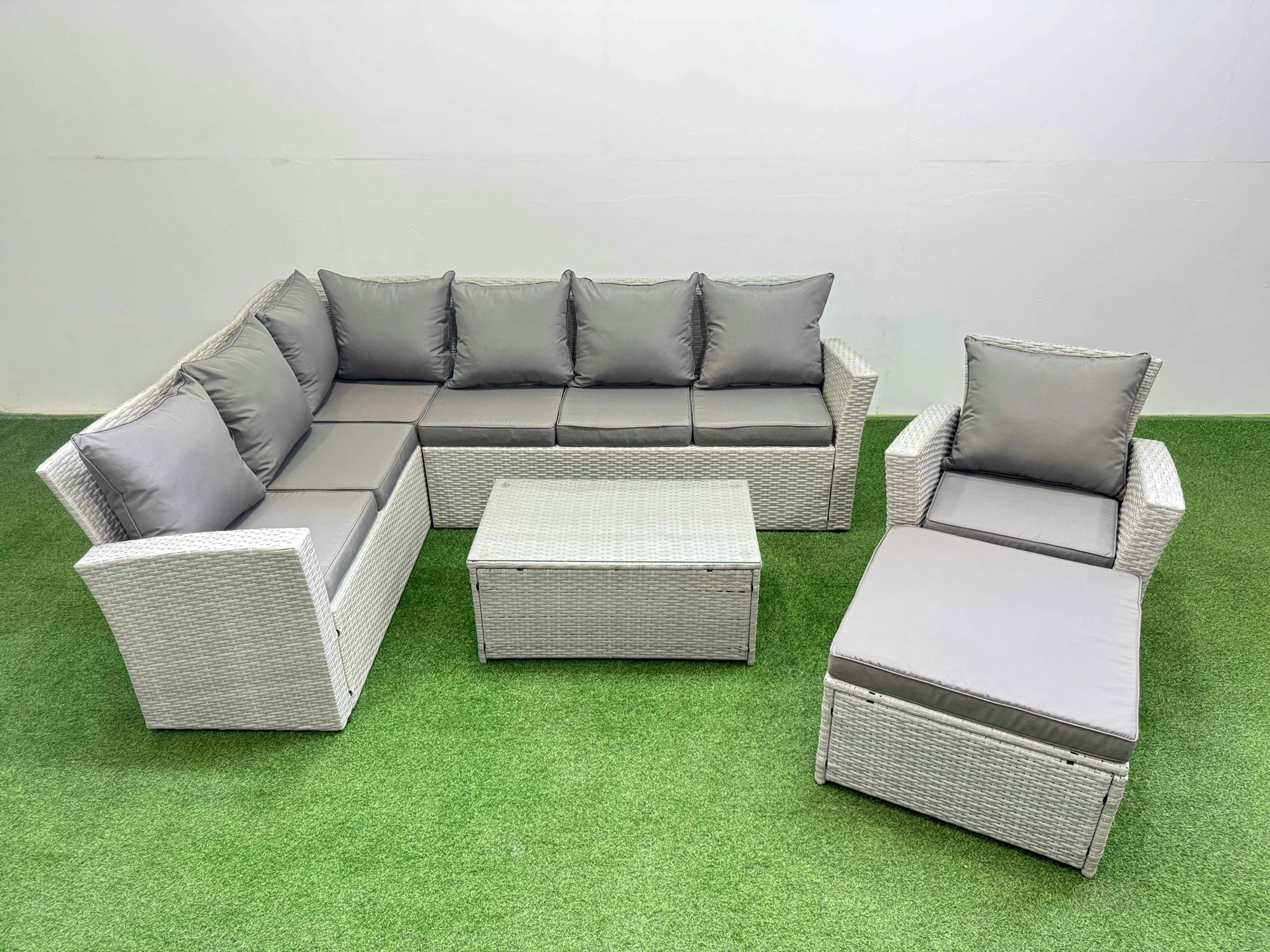 Rackhams Light/Grey 8 Seater Garden Outdoor Pe Rattan Furniture Set Rattan Garden Sofa Sets With Big Footstool Mixed