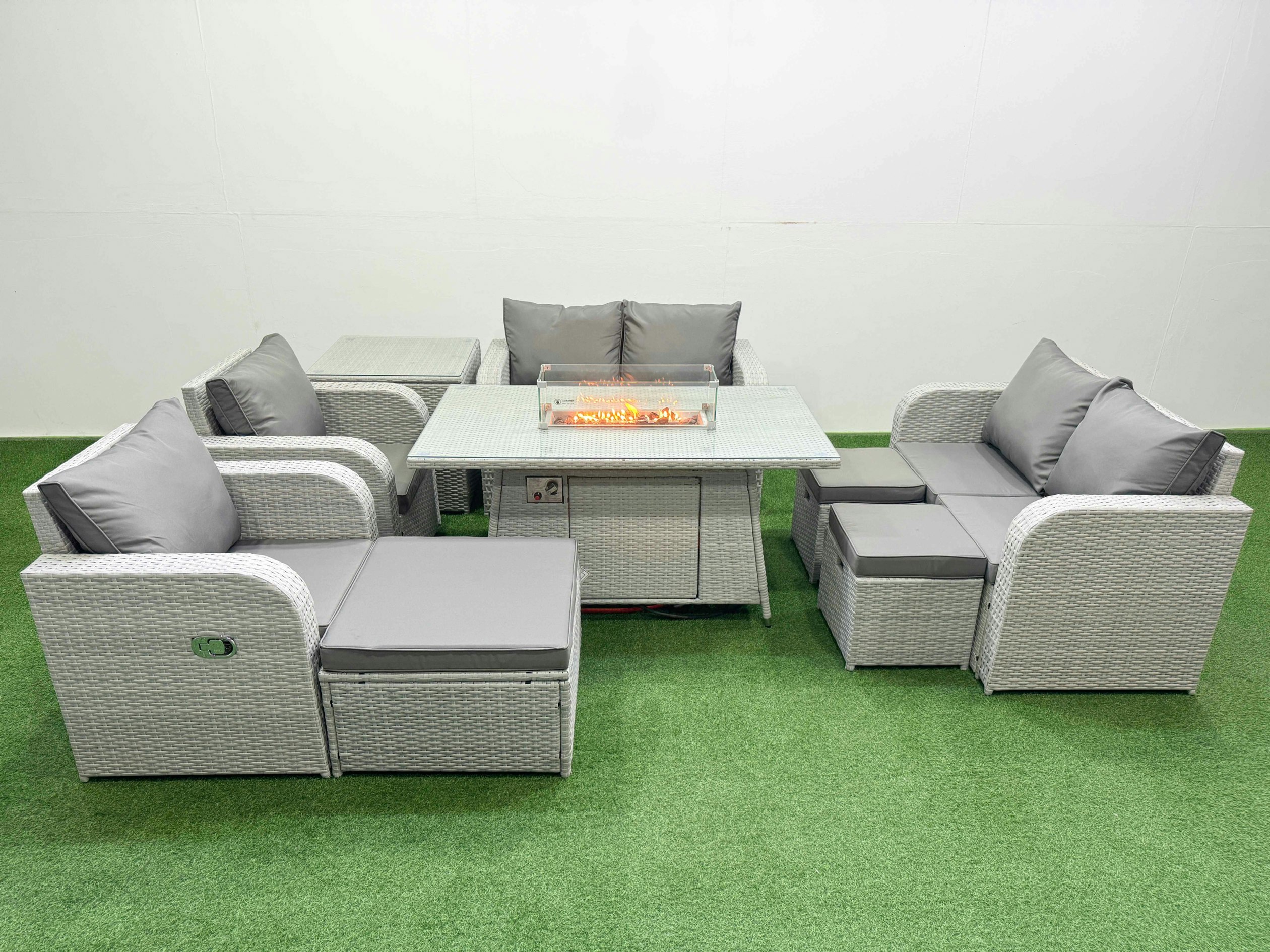Rackhams Light/Grey 9 Seater Outdoor Reclining Chair Love Sofa Set Rattan Garden Furniture Set With Fire Pit Dining Table 3 Stools Side Table