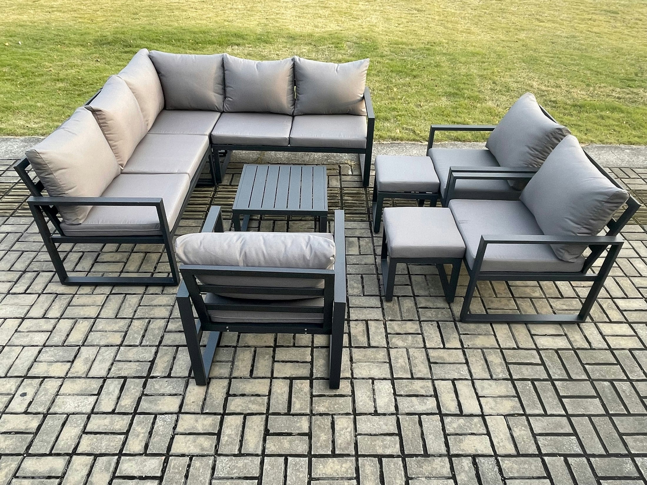 Fimous Dark/Grey 10 Seater Outdoor Aluminium Garden Furniture Set Corner Lounge Sofa Set With Square Coffee Table Chair 2 Small Footstools