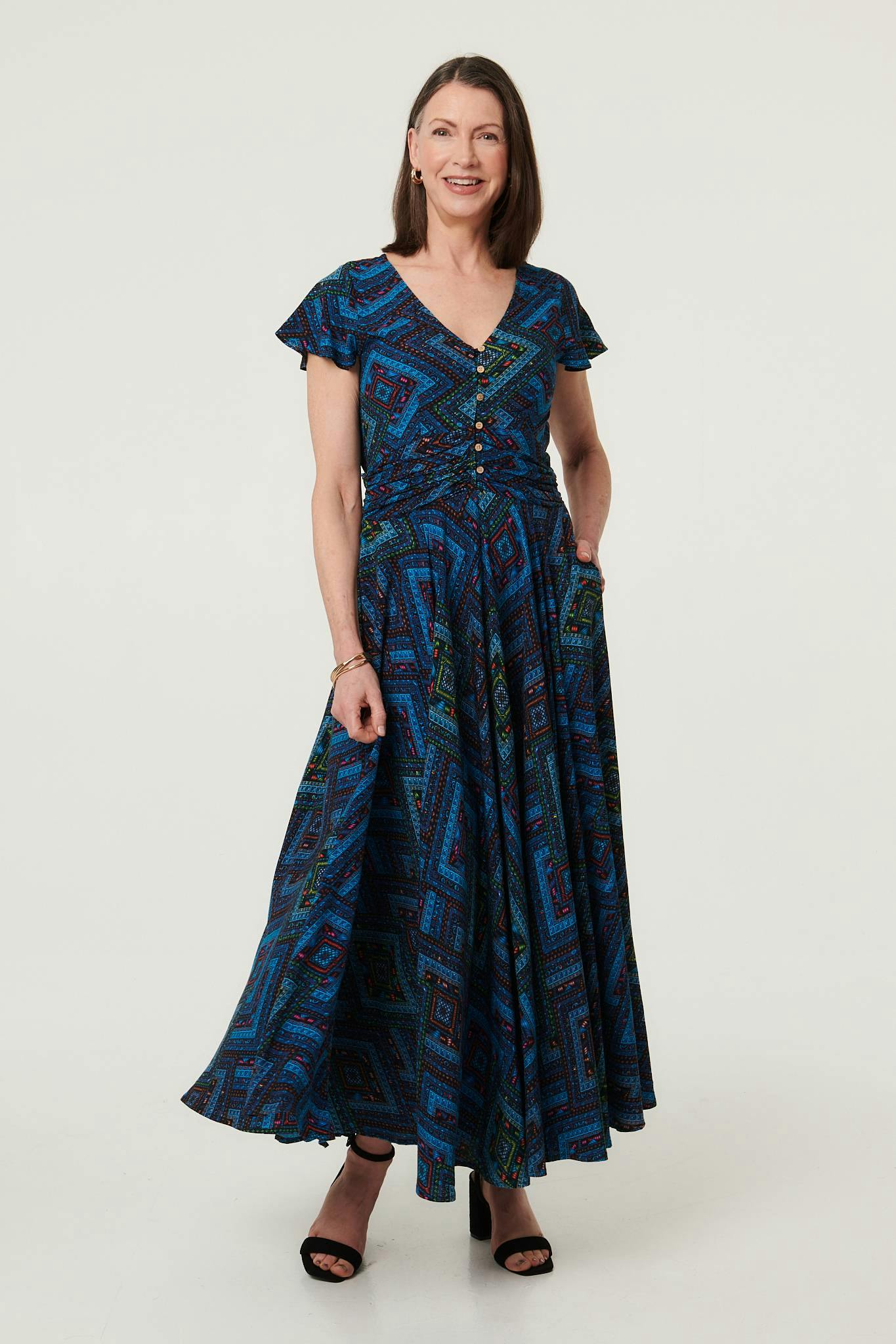 Izabel London Blue Geo Print Cap Sleeve Ruched Maxi Dress - 14