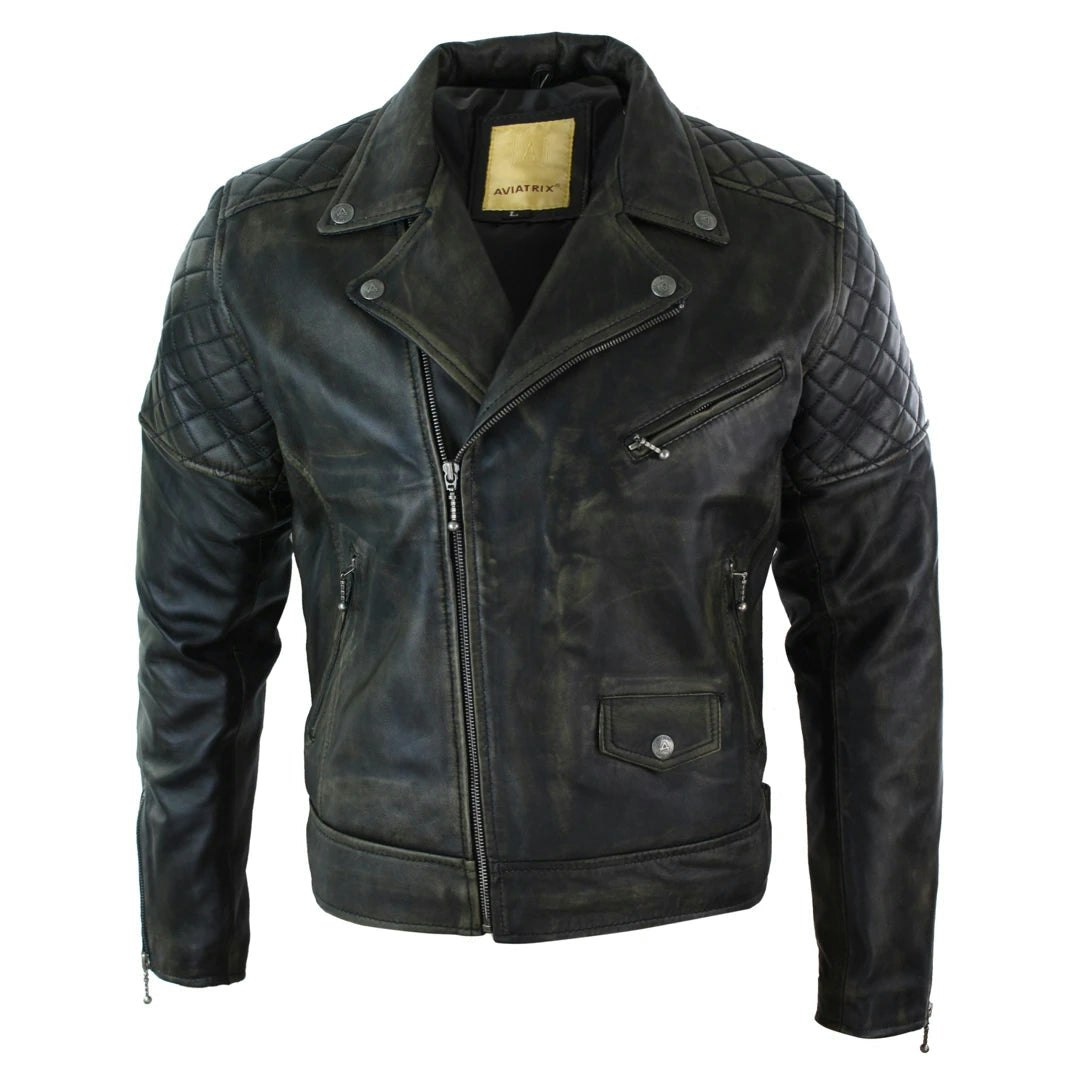 Aviatrix Men's Brown/Black Washed Leather Biker Jacket Cross Zip - Small