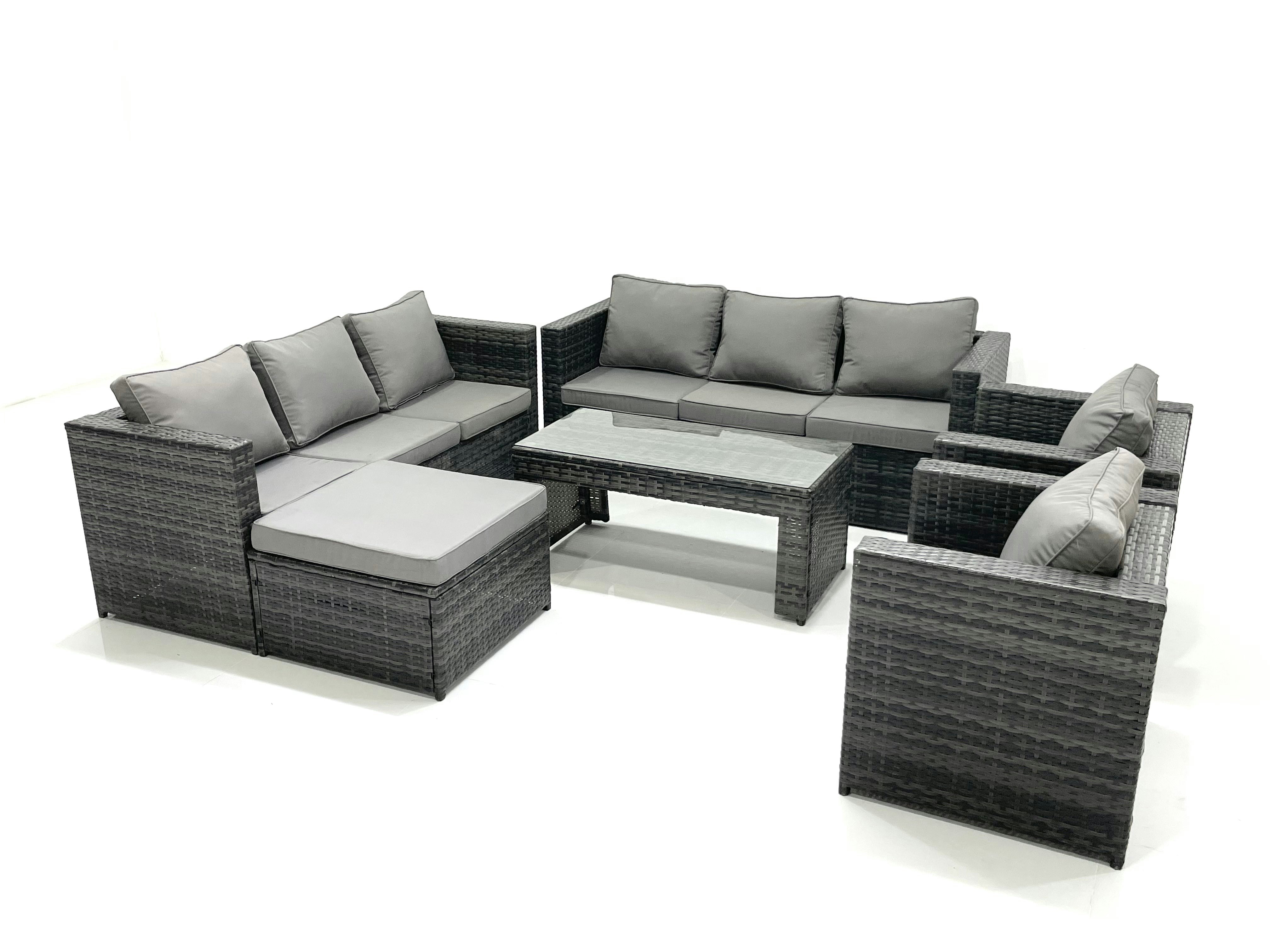 Fimous Dark/Grey Rattan Garden Furniture Sofa Set With Coffee Table Armchair Big Footstool Mixed