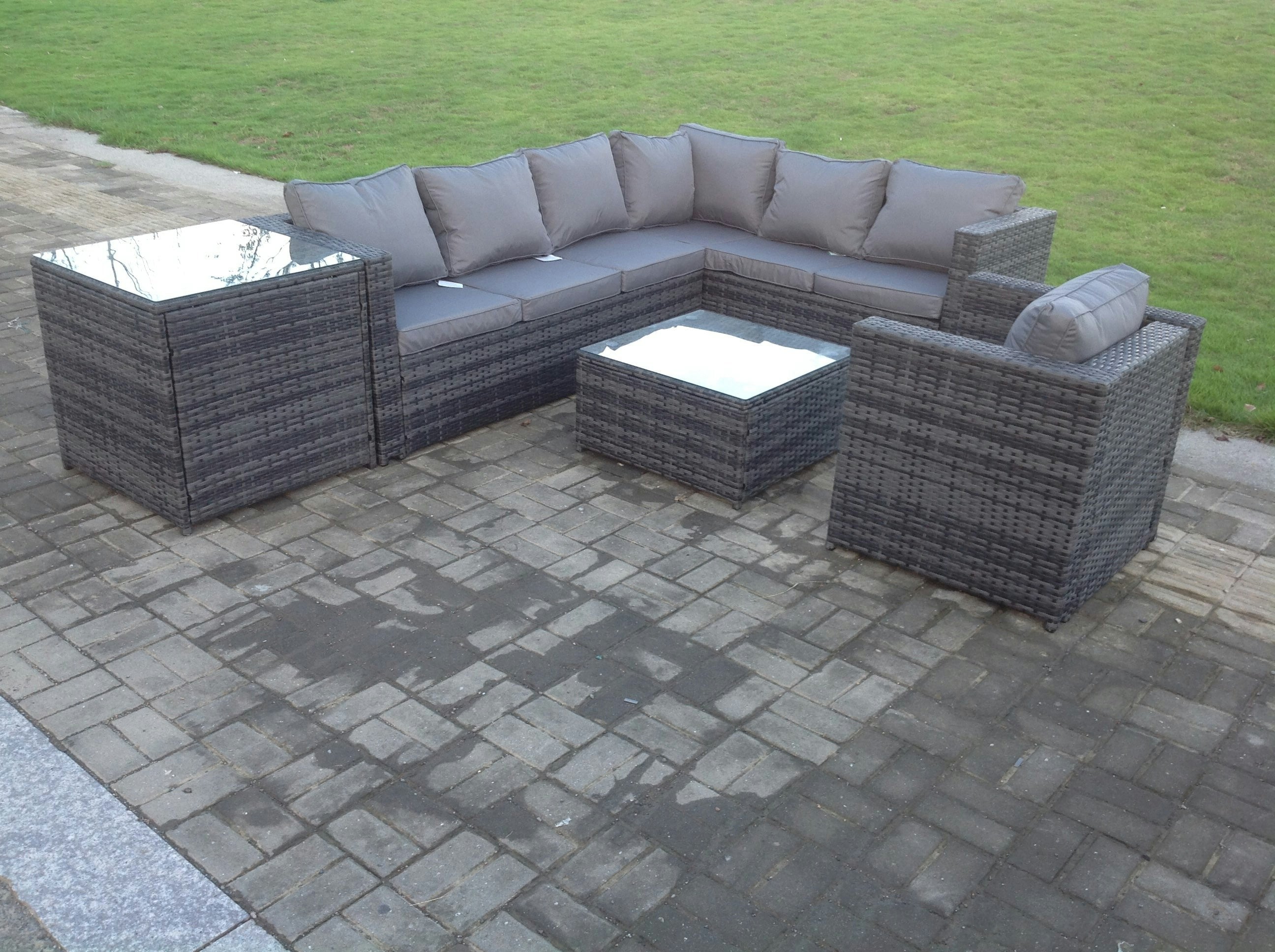 Rackhams Dark/Grey Rattan Corner Sofa Set Garden Furniture With Chair Coffee Table And Side Table