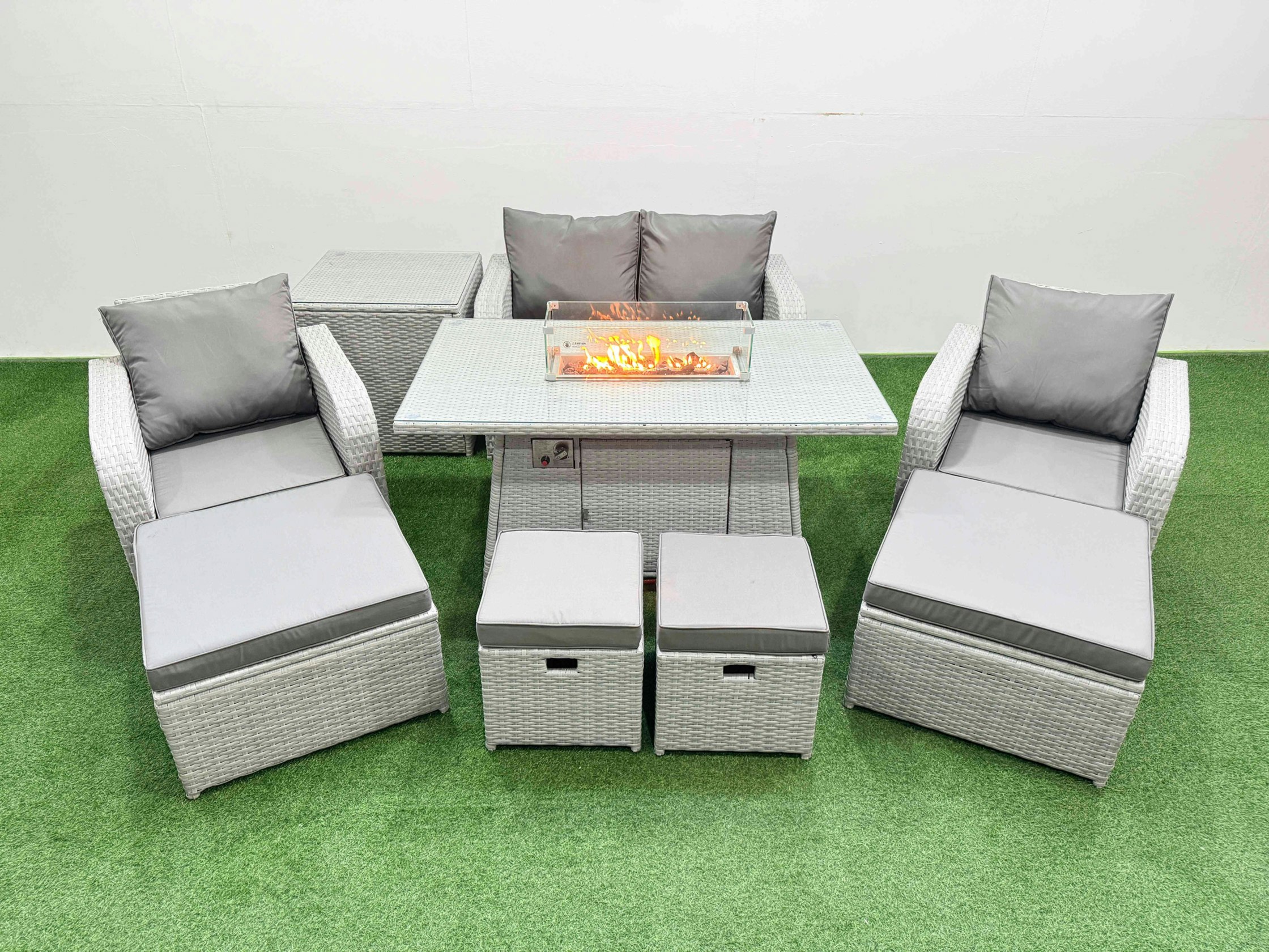 Fimous Light/Grey Pe Rattan Lounge Sofa Set 8 Seater Outdoor Garden Furniture Set With Gas Fire Pit Table Love Sofa 4 Footstools Side Table