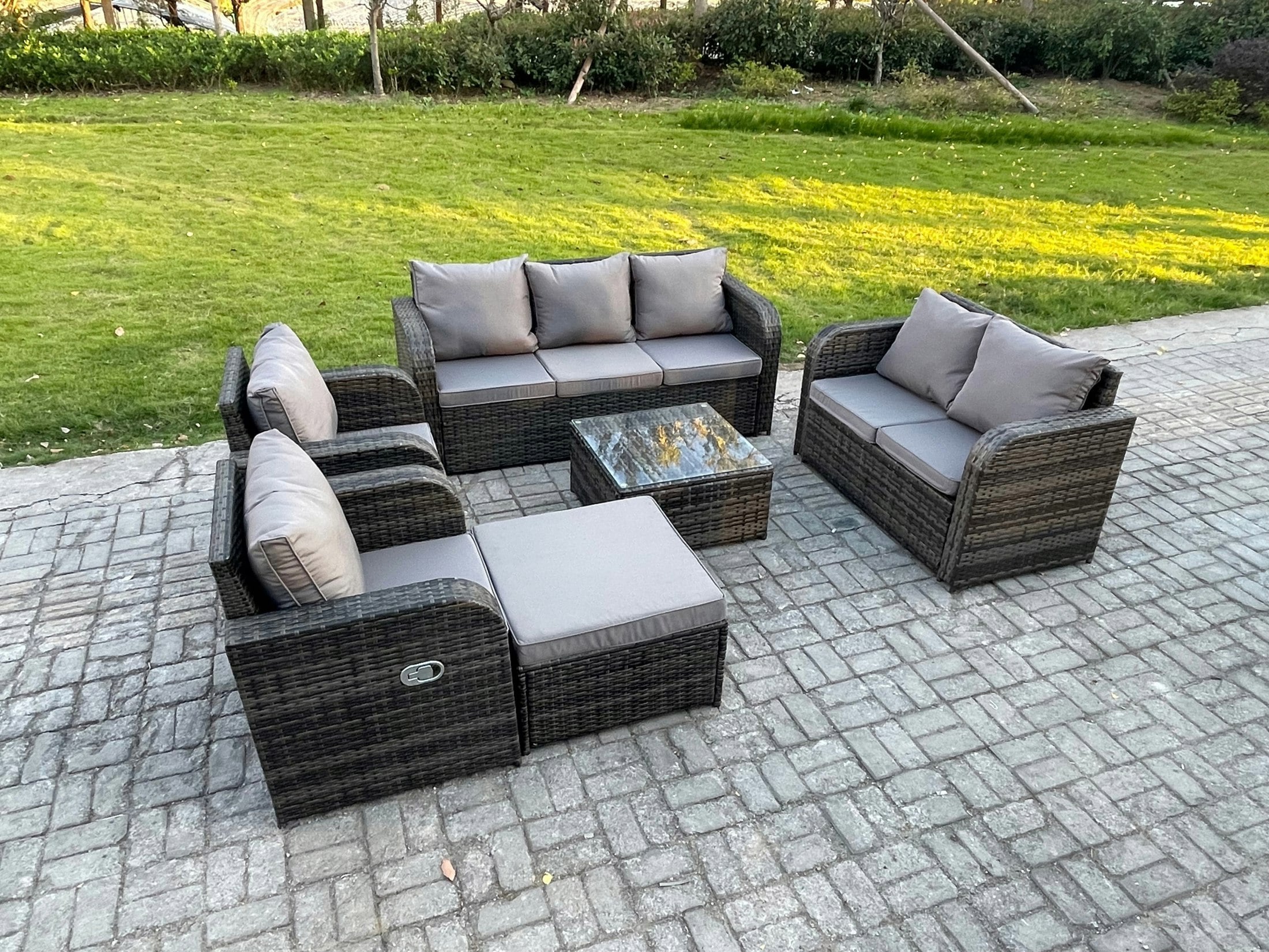 Rackhams Dark/Grey 8 Seater Garden Furniture Set Rattan Outdoor Lounge Sofa Chair With Tempered Glass Table Big Footstool Mixed