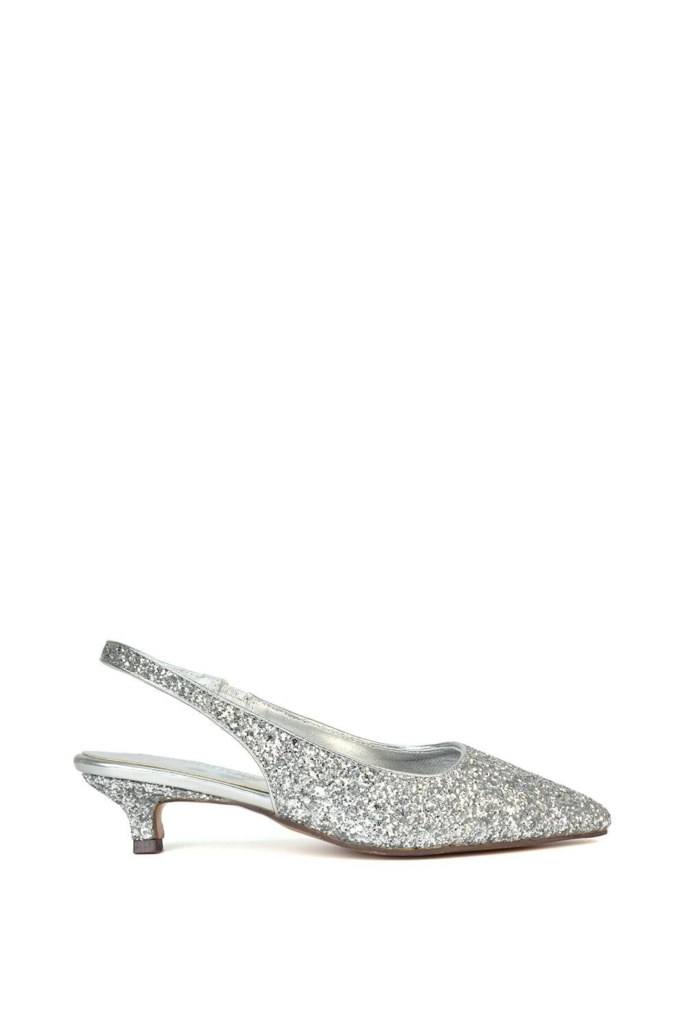 Xy London Women's Silver Pointed Toe Glitter Slingback Kitten Heel Court Shoes - 5