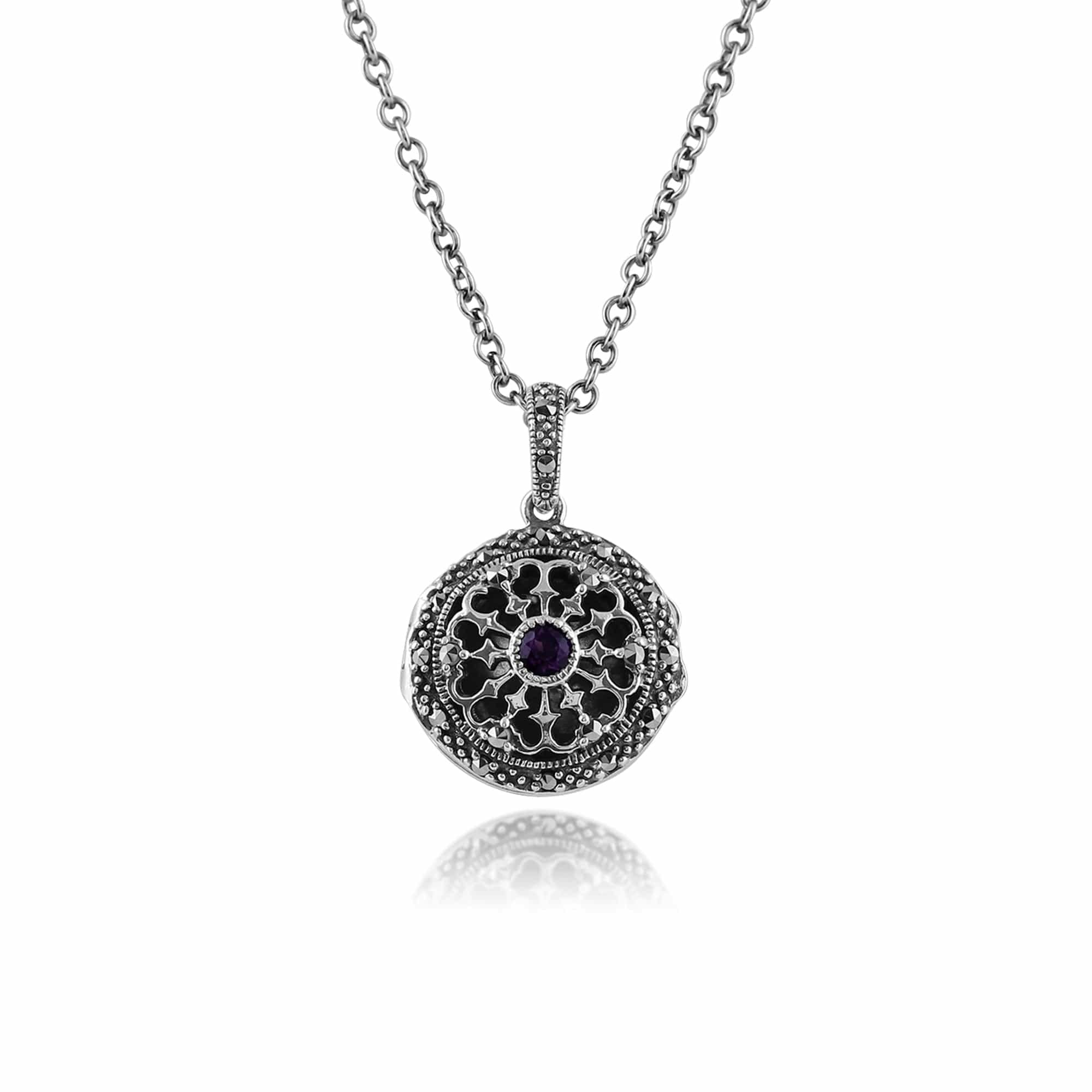 Gemondo Silver Art Nouveau Style Round Amethyst & Marcasite Locket On Chain In 925 Sterling