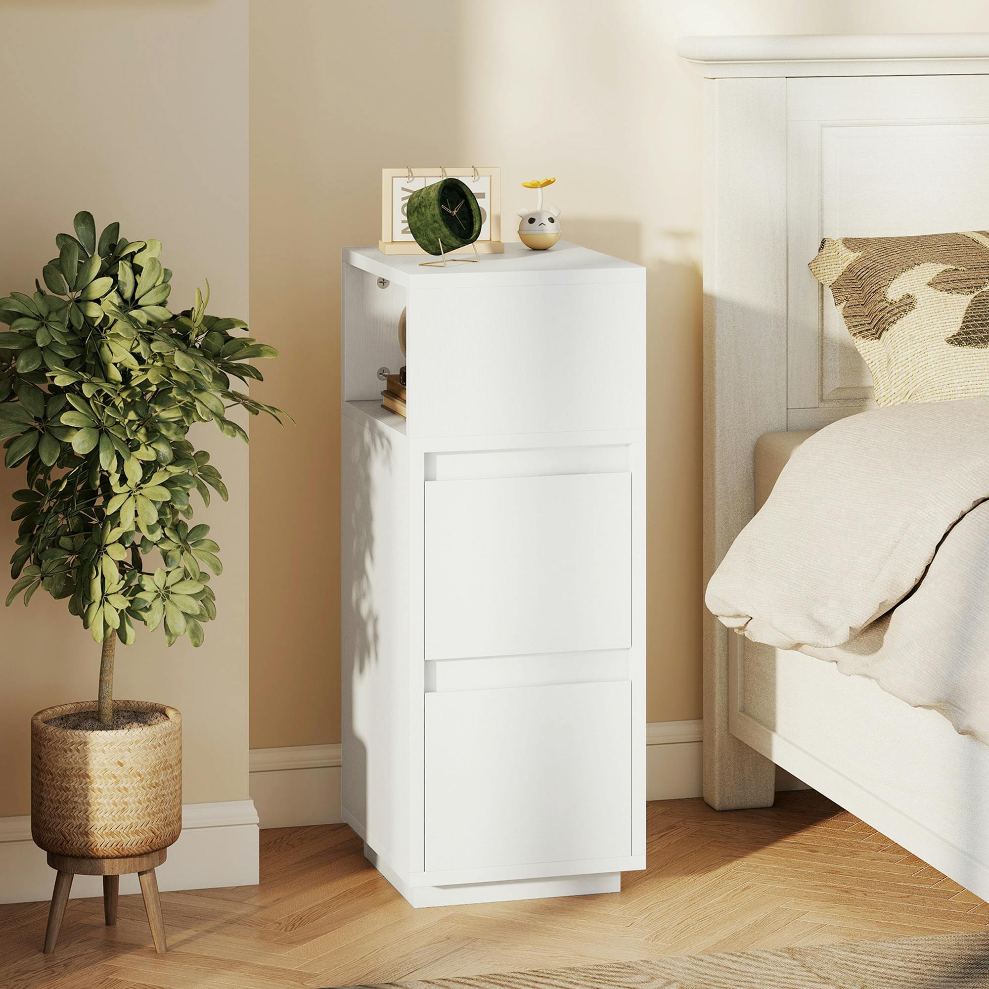 Homcom Slim Bedside Table, Bedside Cabinet With Open Shelf And 2 Drawers
