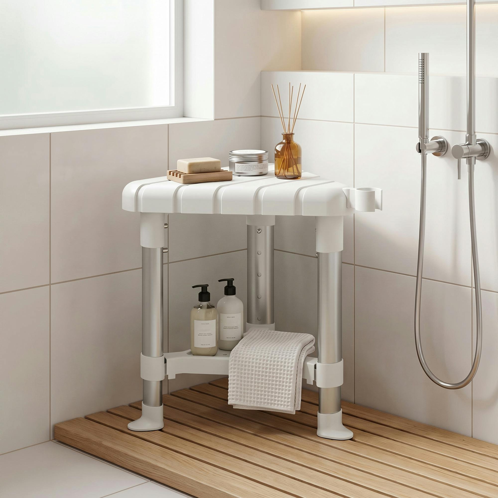 Homcom White Shower Stool With Storage Shelf And Hdpe Seat,