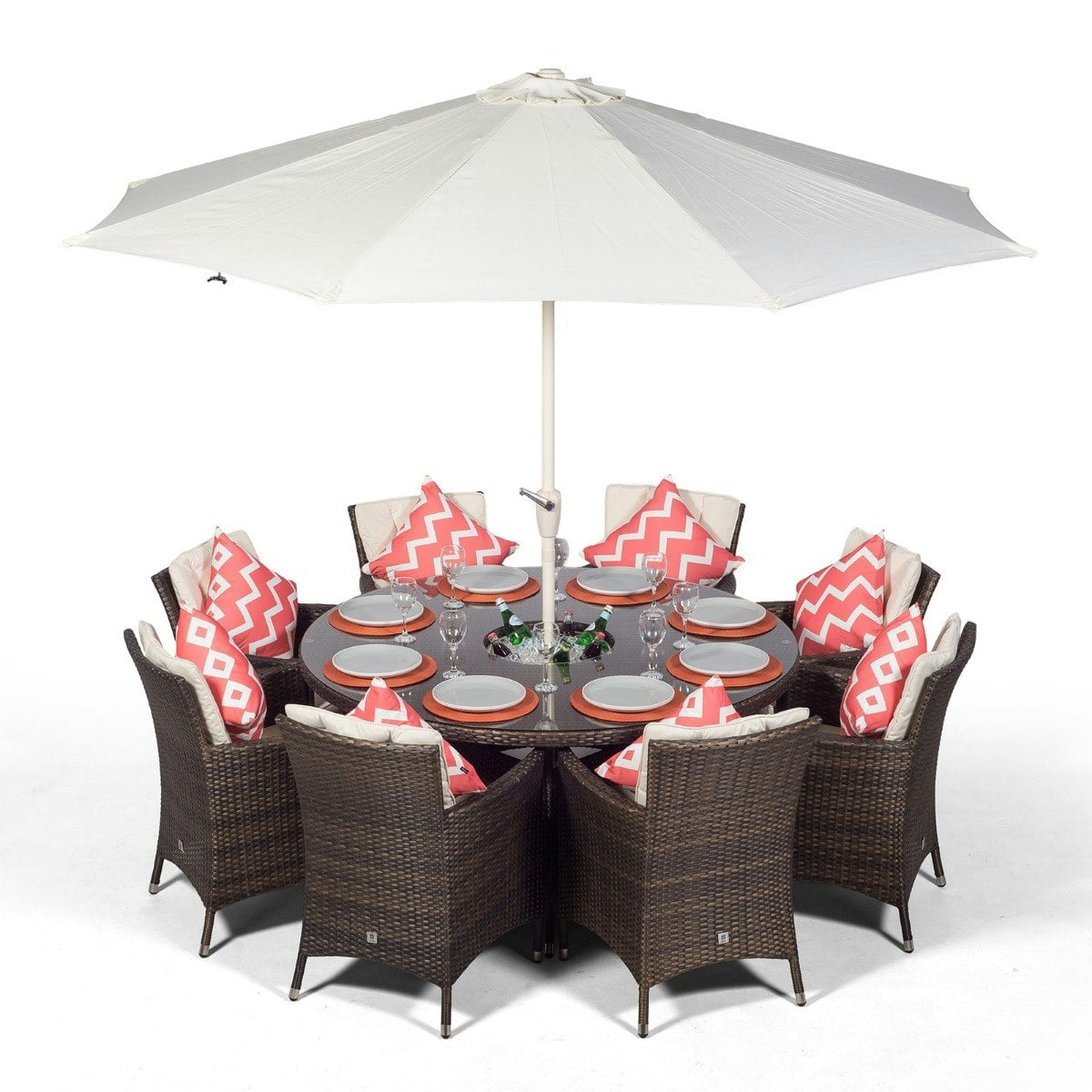 Rackhams Brown/Ivory Savannah Round 8 Seater Rattan Patio Dining Set With Ice Bucket Drinks Cooler - 1