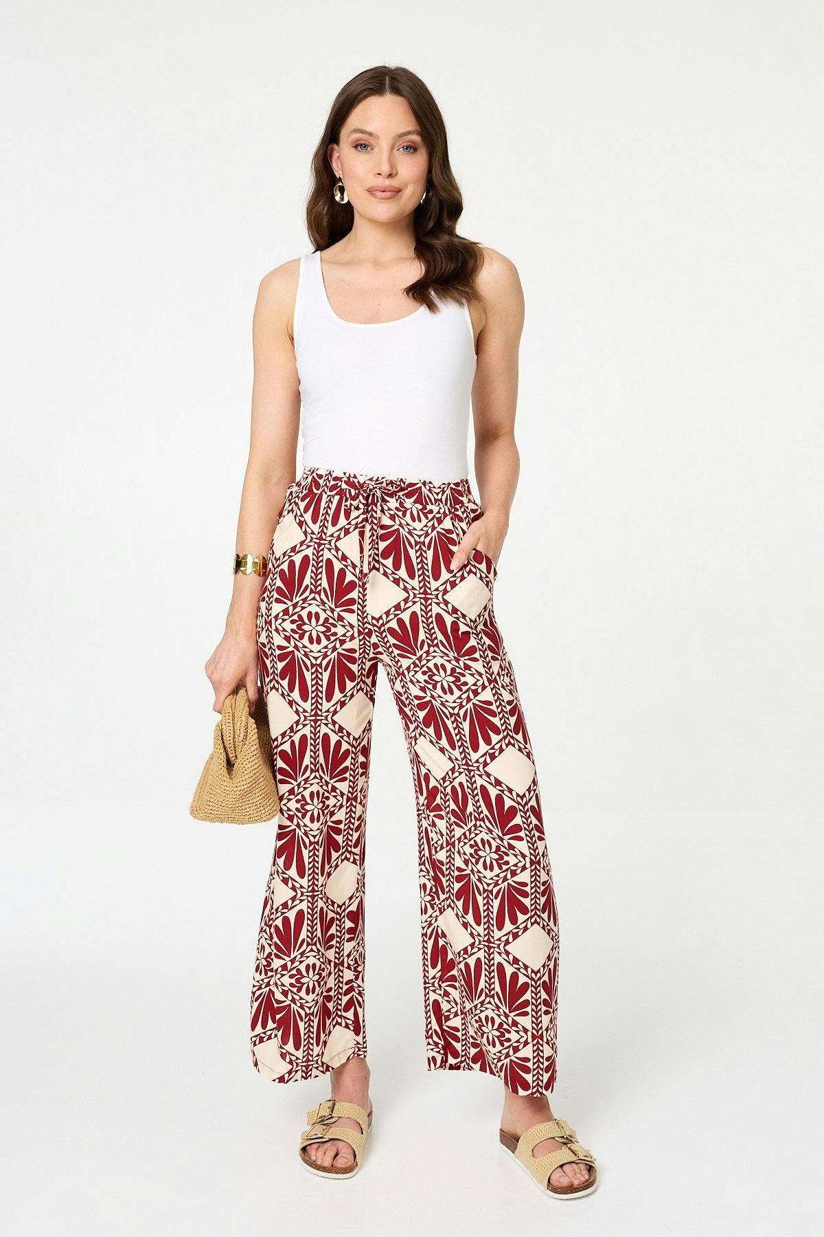 Izabel London Printed High Waist Wide Trousers - 10 - Rust
