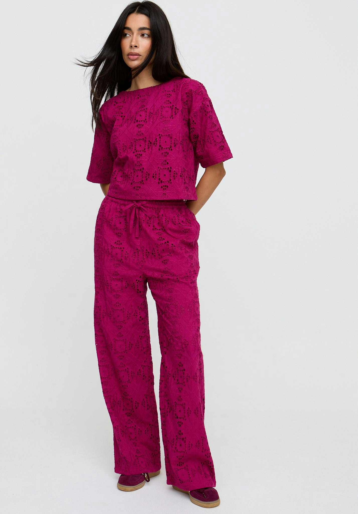 Raffya Pink Opal Broderie Anglaise Wide Leg Trouser In - 12