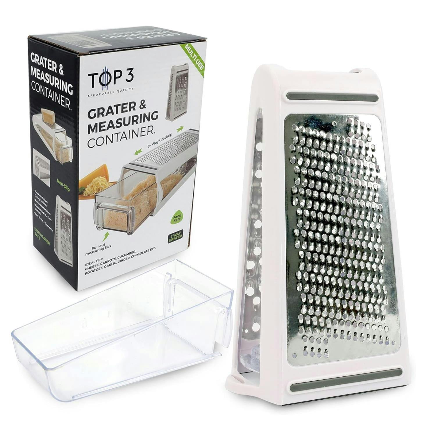 Rackhams White 2-Way Stainless Steel Food Grater With 480Ml Measuring Box - Stainless Steel/Plastic - 1