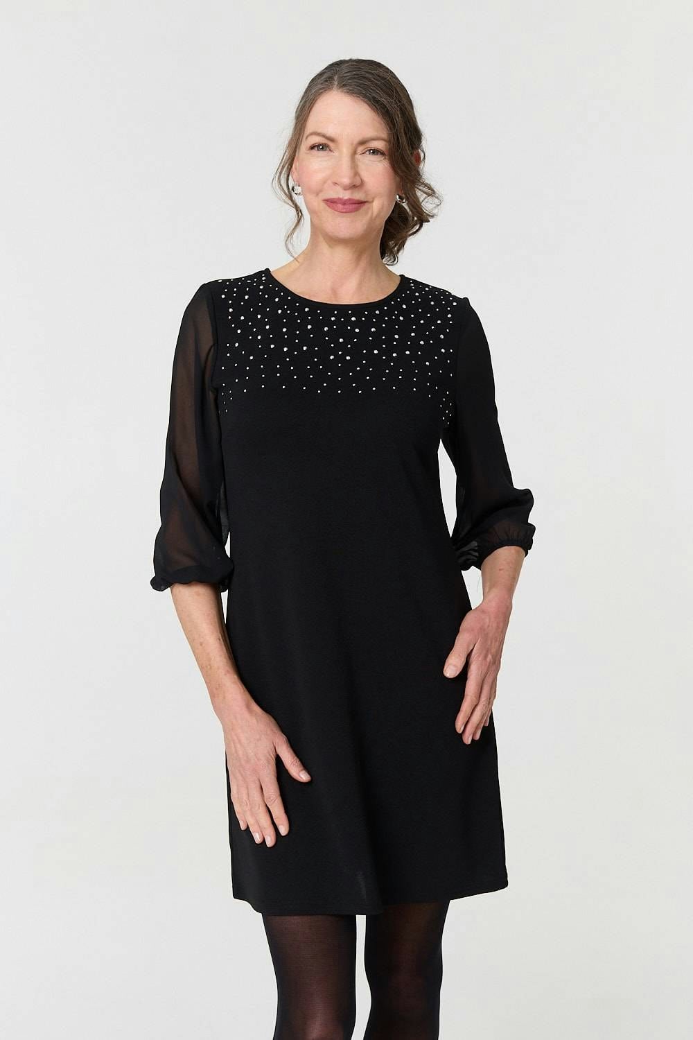 Izabel London Black Sparkly Mesh Knit 3/4 Sleeve Short Dress - 16