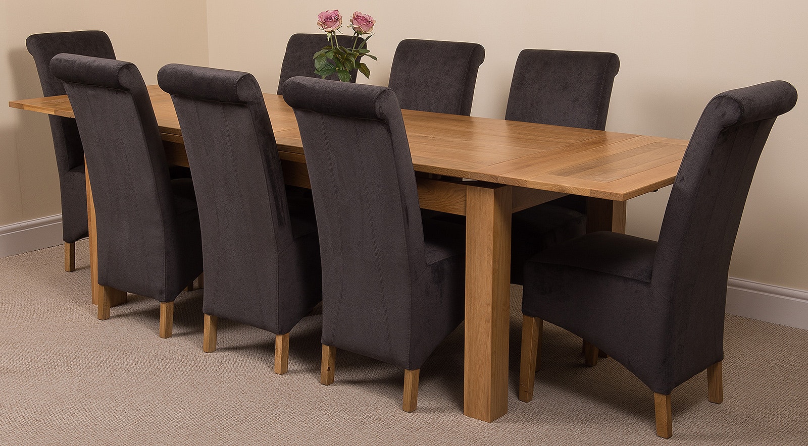 Rackhams Black Richmond Oak Extending Dining Table With Montana Fabric Chairs - 8 Chairs Large