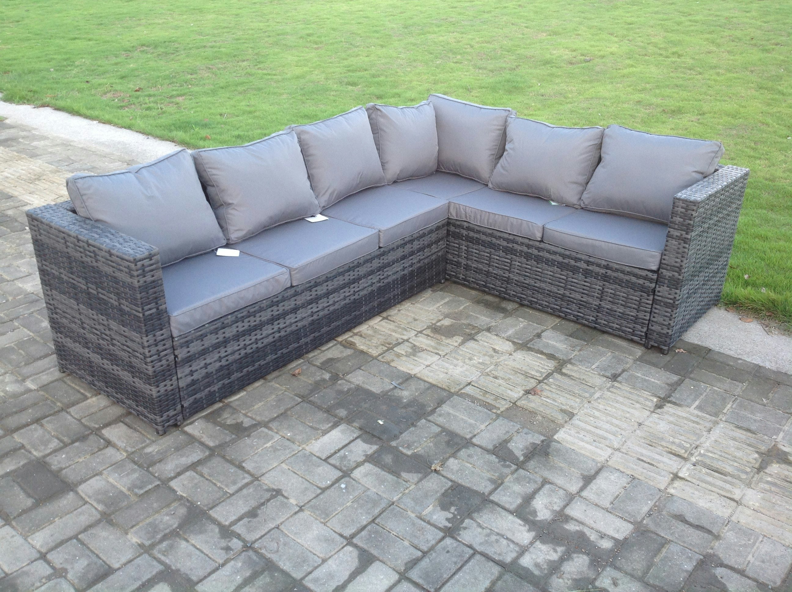 Fimous Grey Rattan Corner Sofa Set Rectangular Oblong Coffee Table Outdoor Garden Furniture In Mix 6 Seater With Seat And Back Cushion Right Hand