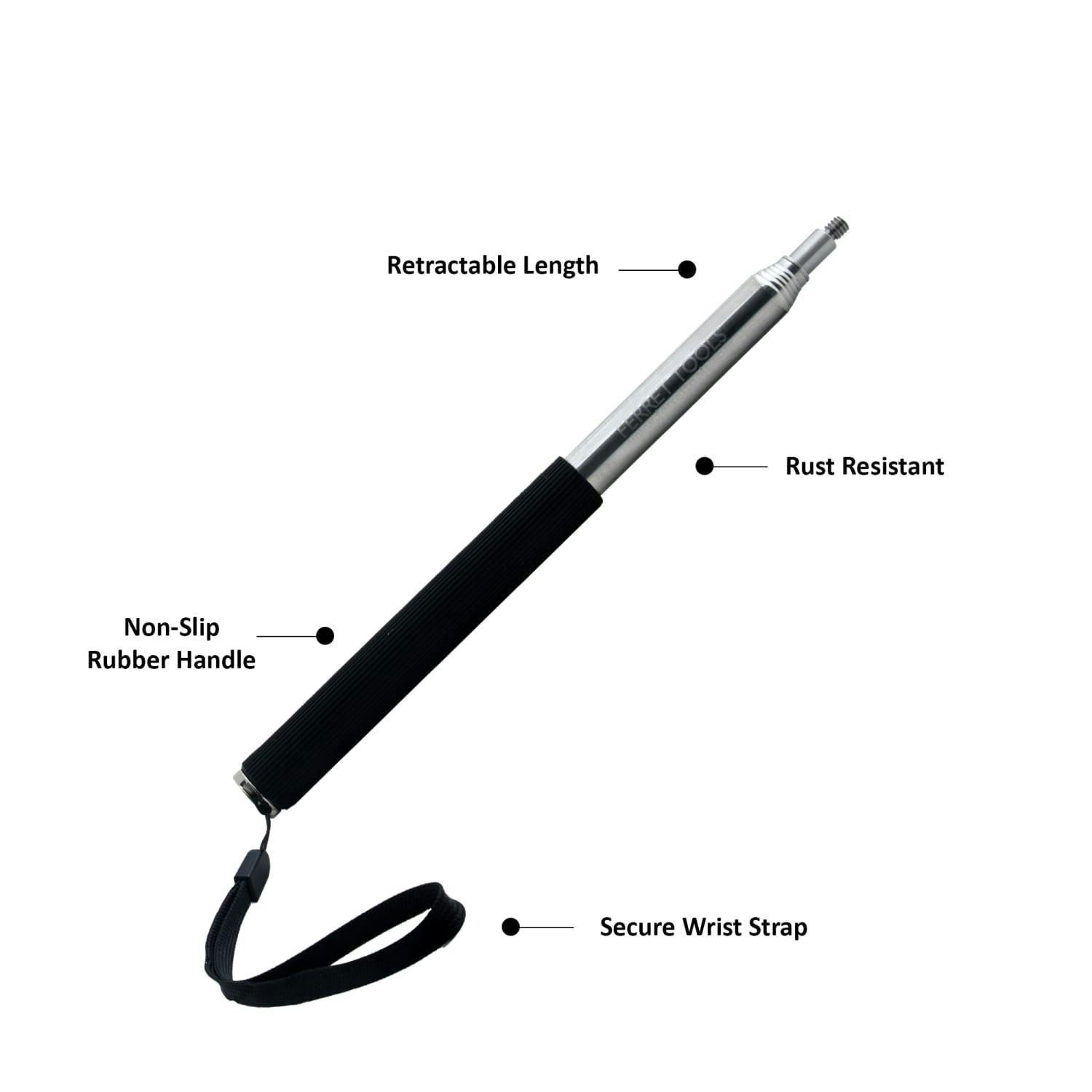 Ferret Stick Mini 47” (120Cm) Compact Extension Rod, Anti-Twist Grooved Design, Stainless Steel Telescopic Pole For Inspection Cameras