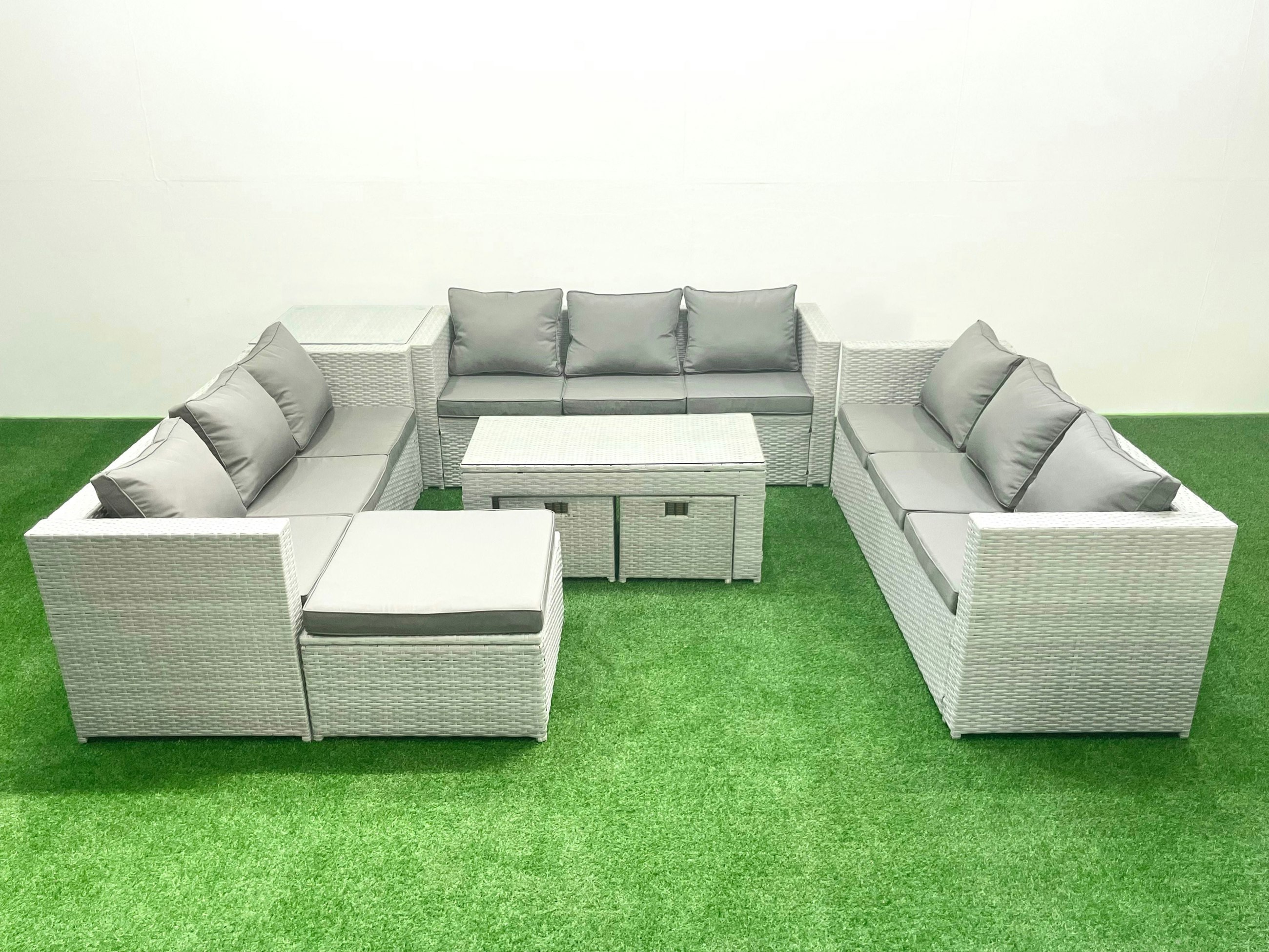 Rackhams Light/Grey Rattan Garden Outdoor Furniture Set 12 Seater Garden Sofa Oblong Coffee Table Set With 3 Footstools Side Table Mixed