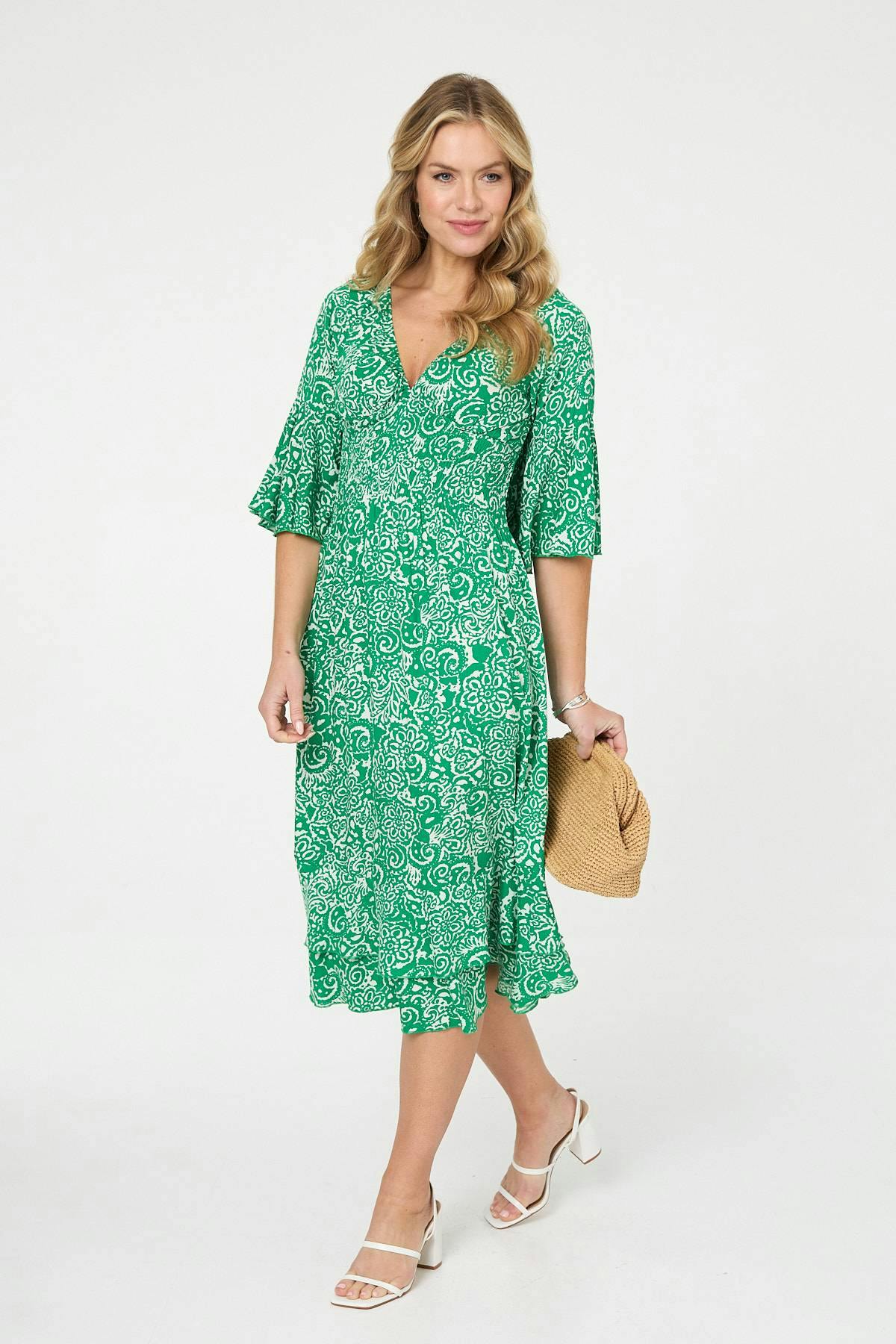 Izabel London Green Printed 3/4 Sleeve Layered Midi Dress - 10
