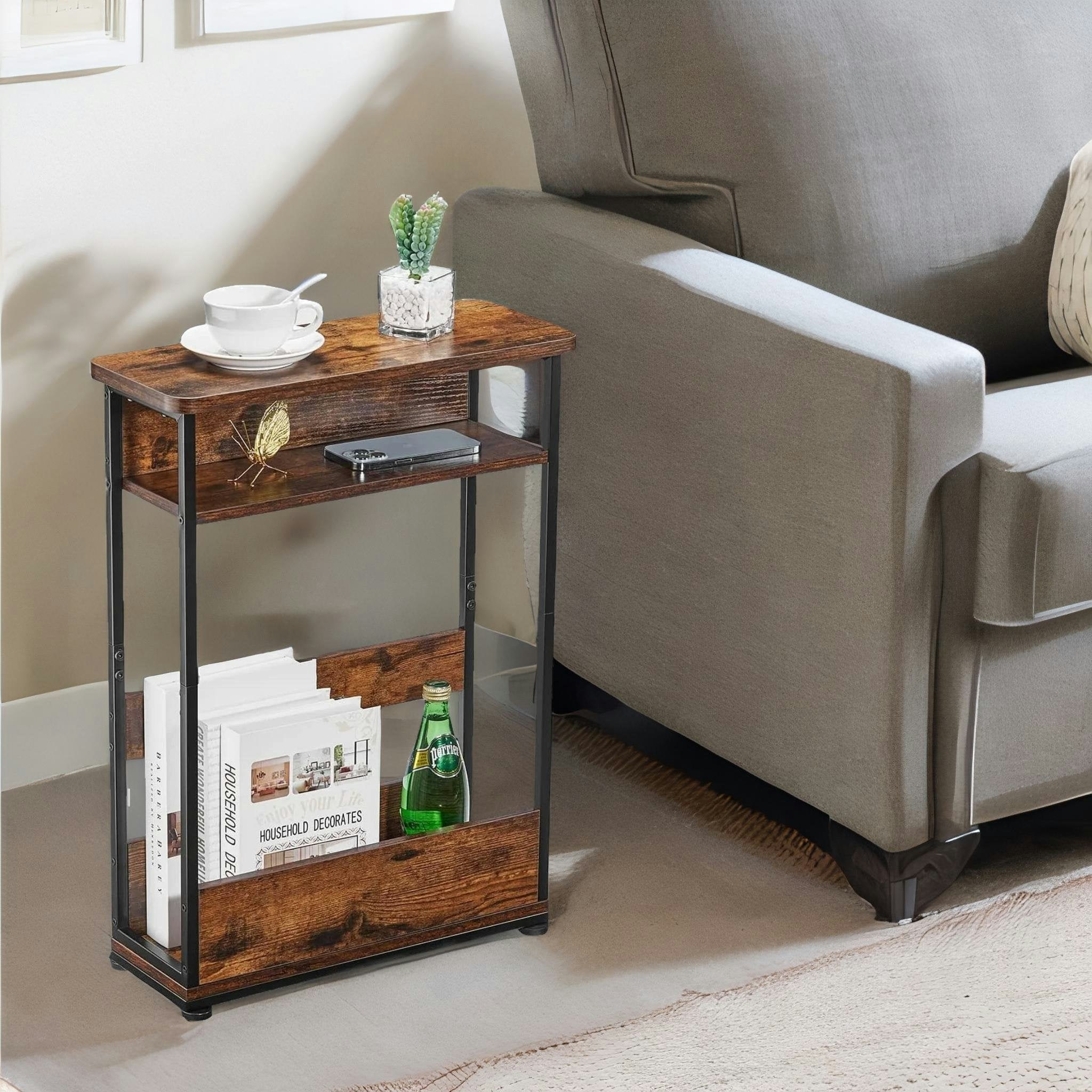 Rafaelo Mobilia Black Industrial Rustic 3 Tier Side Table With Magazine Rack