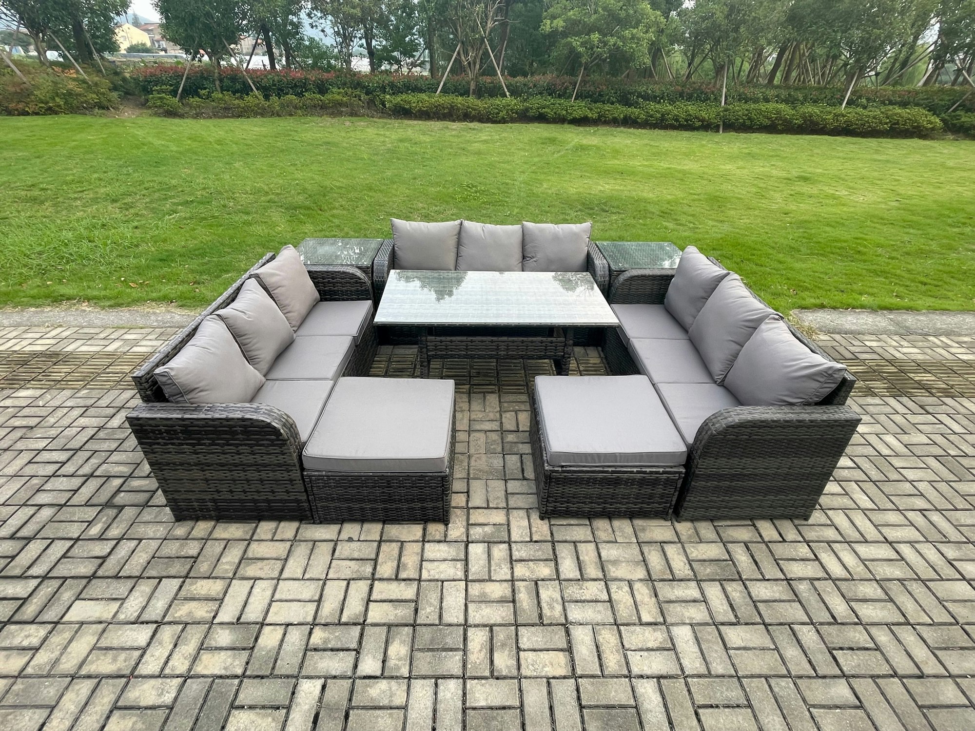 Fimous Dark/Grey Wicker Pe Rattan Sofa Outdoor Garden Furniture Set With Rectangular Dining Table 2 Big Footstool 2 Side Tables Mixed