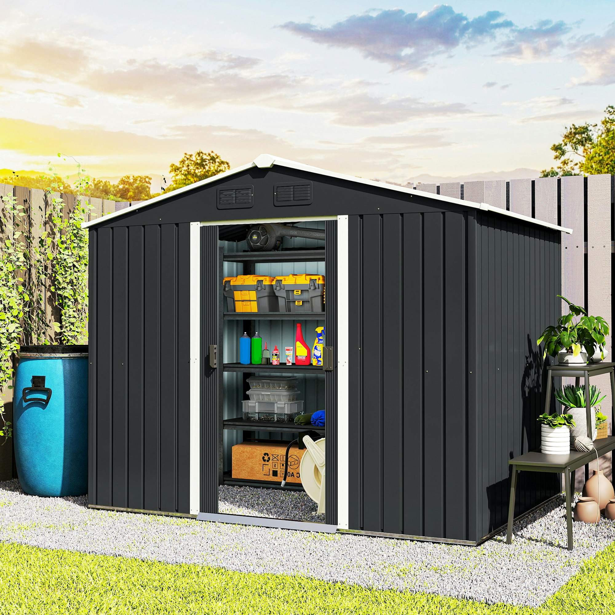 Outsunny Grey 8 X 6Ft Garden Storage Shed With Double Sliding Door Outdoor