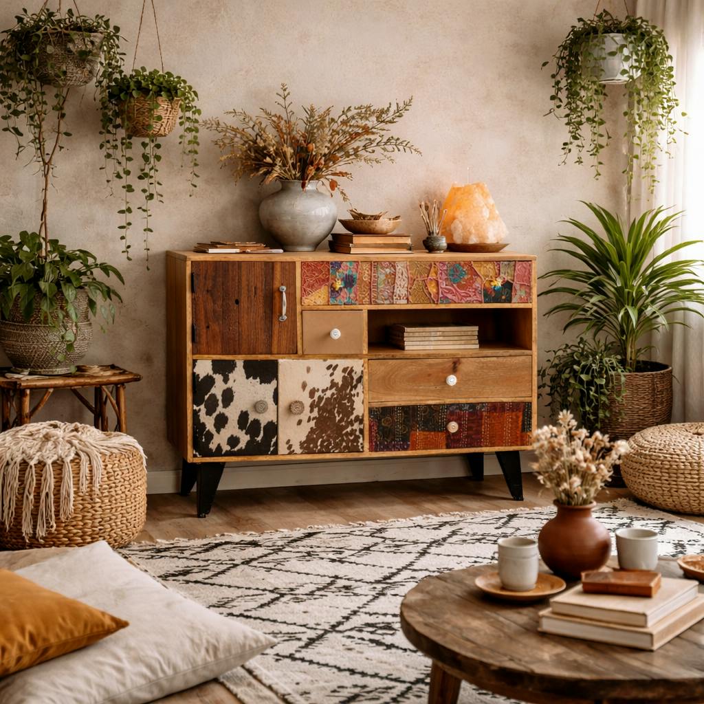 Rackhams Grain Kokkola Quirky Pattern Reclaimed Wood Large Sideboard 3 Doors 4 Drawers