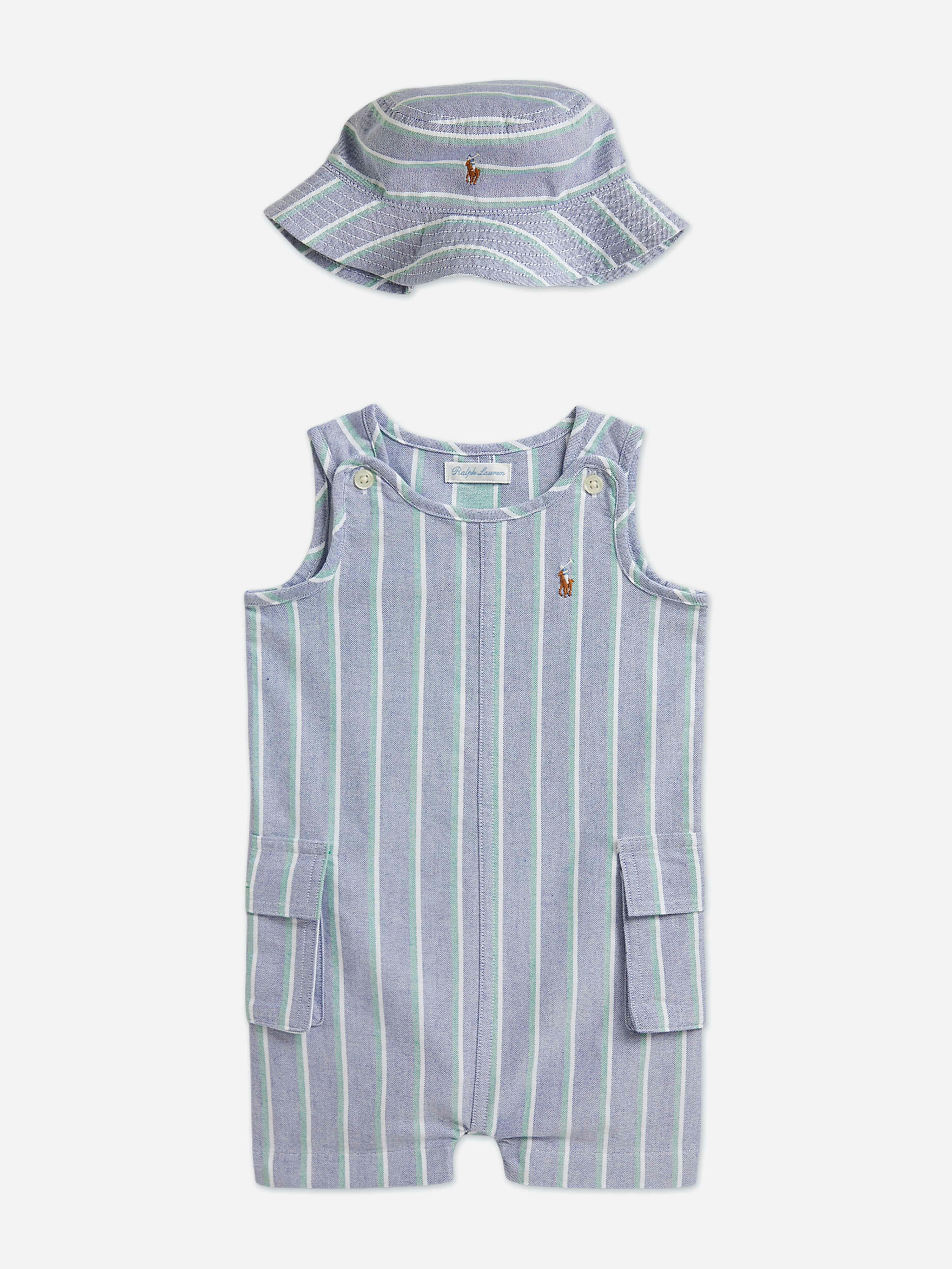 Ralph Lauren Kids Boys Blue Ralph Lauren Baby Striped Oxford Romper Set In - 9 Mths