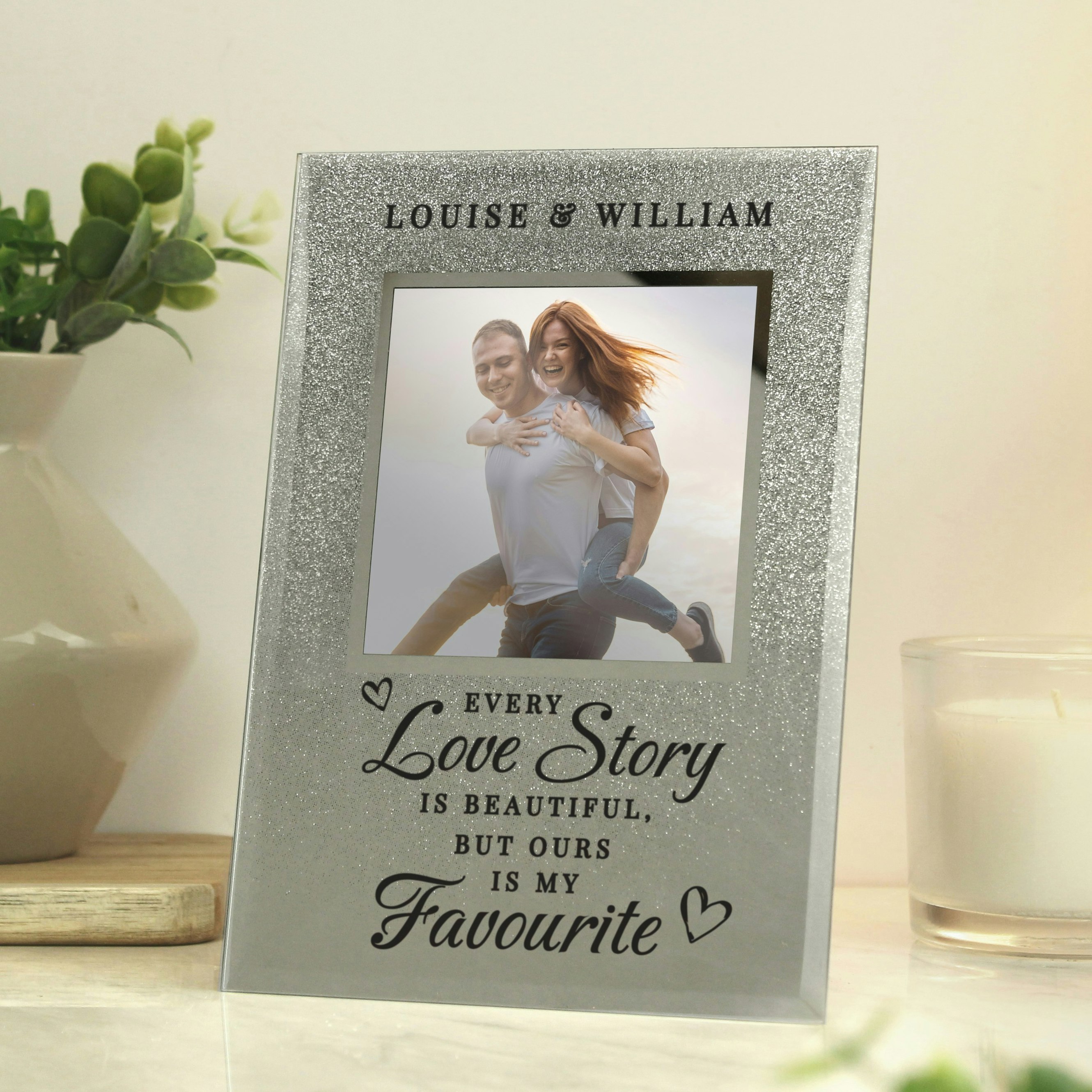 Rackhams Personalised Love Story 4X4 Glitter Glass Photo Frame