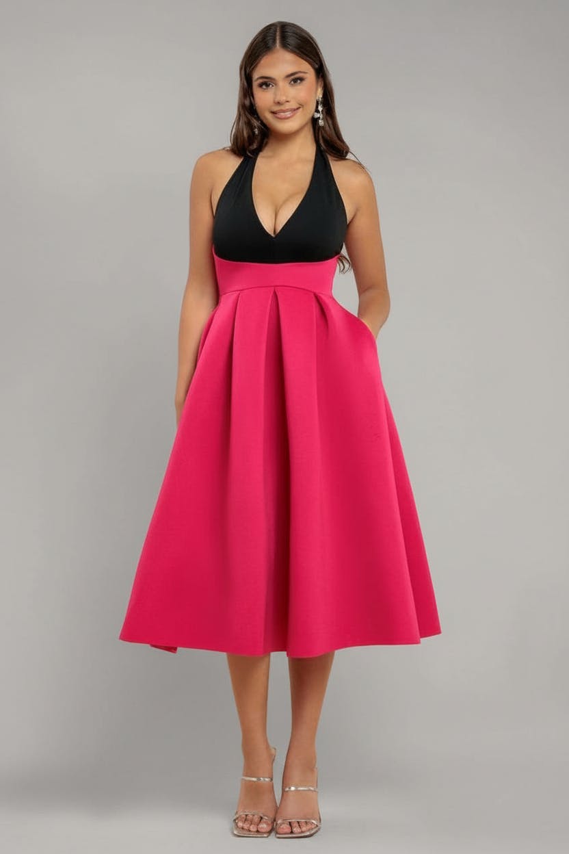 Goddiva Black/Magenta Contrast Halter Neck Pleated A-Line Midaxi Dress - By - 14