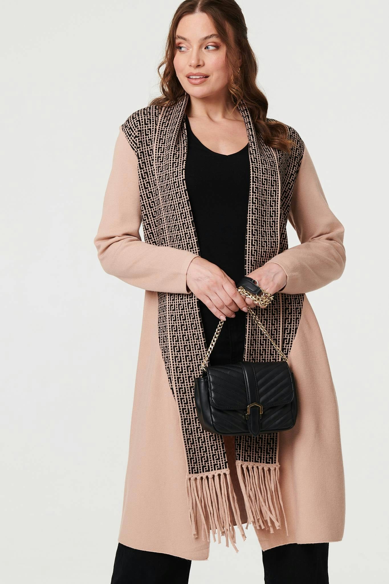 Izabel London Beige Printed Fringed Scarf Detail Long Jacket - S/M