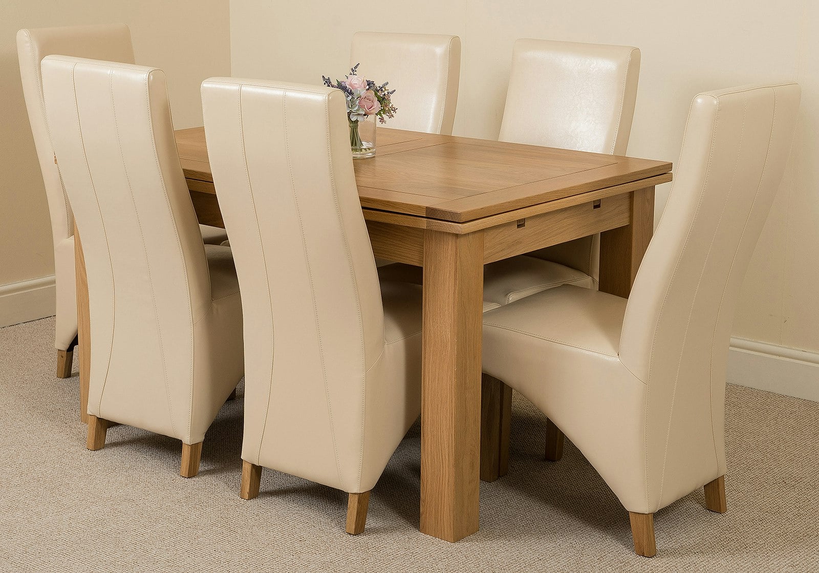 That's Furniture Ivory Richmond Medium Oak Extendable Dining Table With Lola Leather Chairs - 6 Chairs