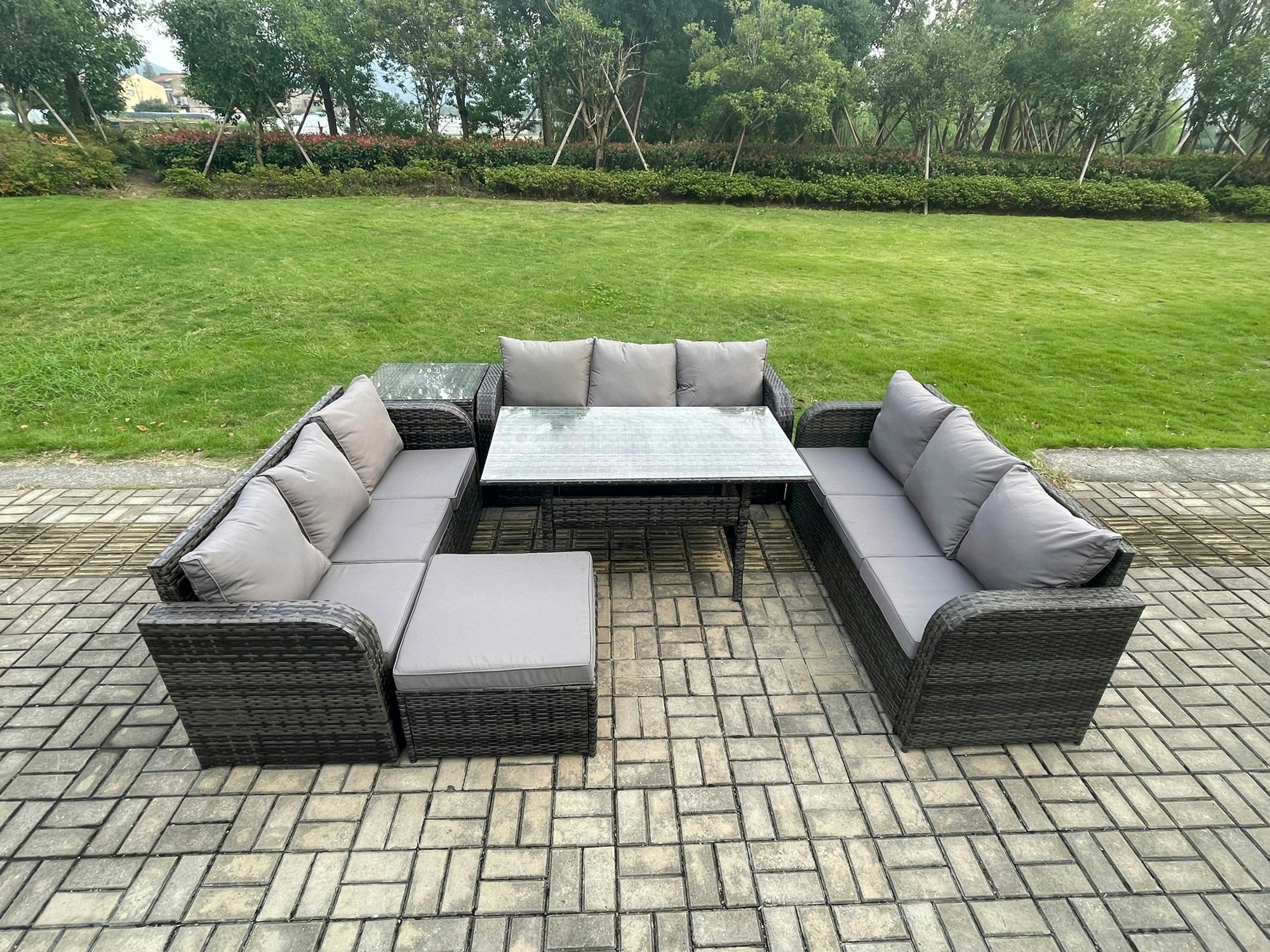 Fimous Dark/Grey 10-Seater Rattan Outdoor Lounge Set | Oblong Rectangular Dining Table, Large Footstool, Side Table