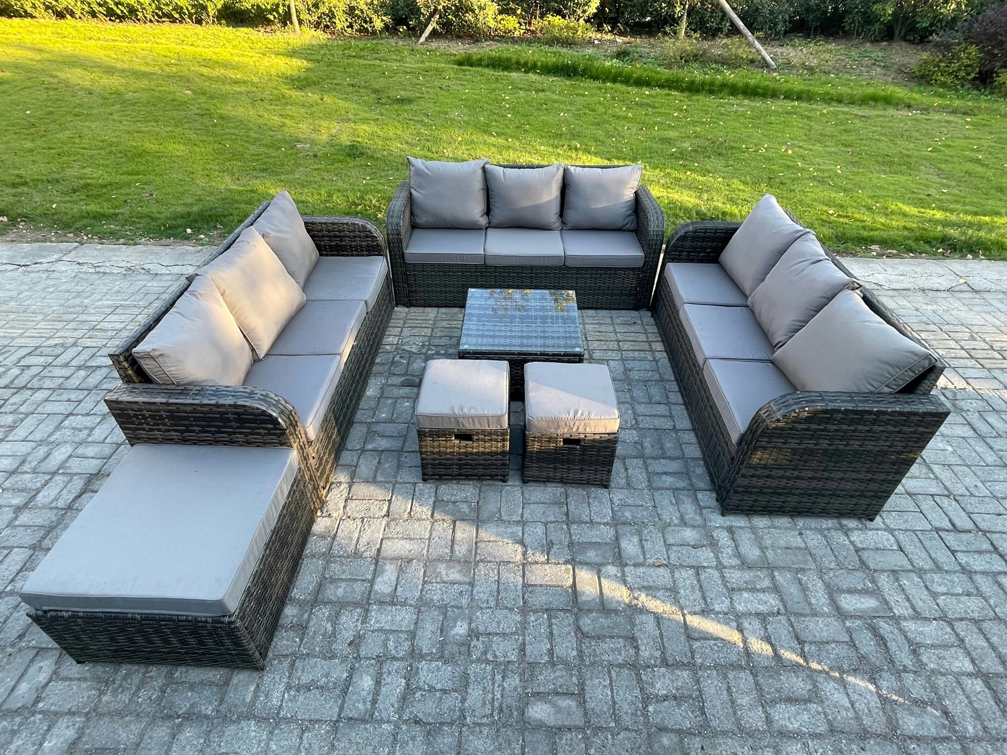 Rackhams Dark/Grey 12 Seater Rattan Outdoor Furniture Set Patio Garden Sofa Set With Square Coffee Table 3 Seater Sofa 3 Footstools Mixed