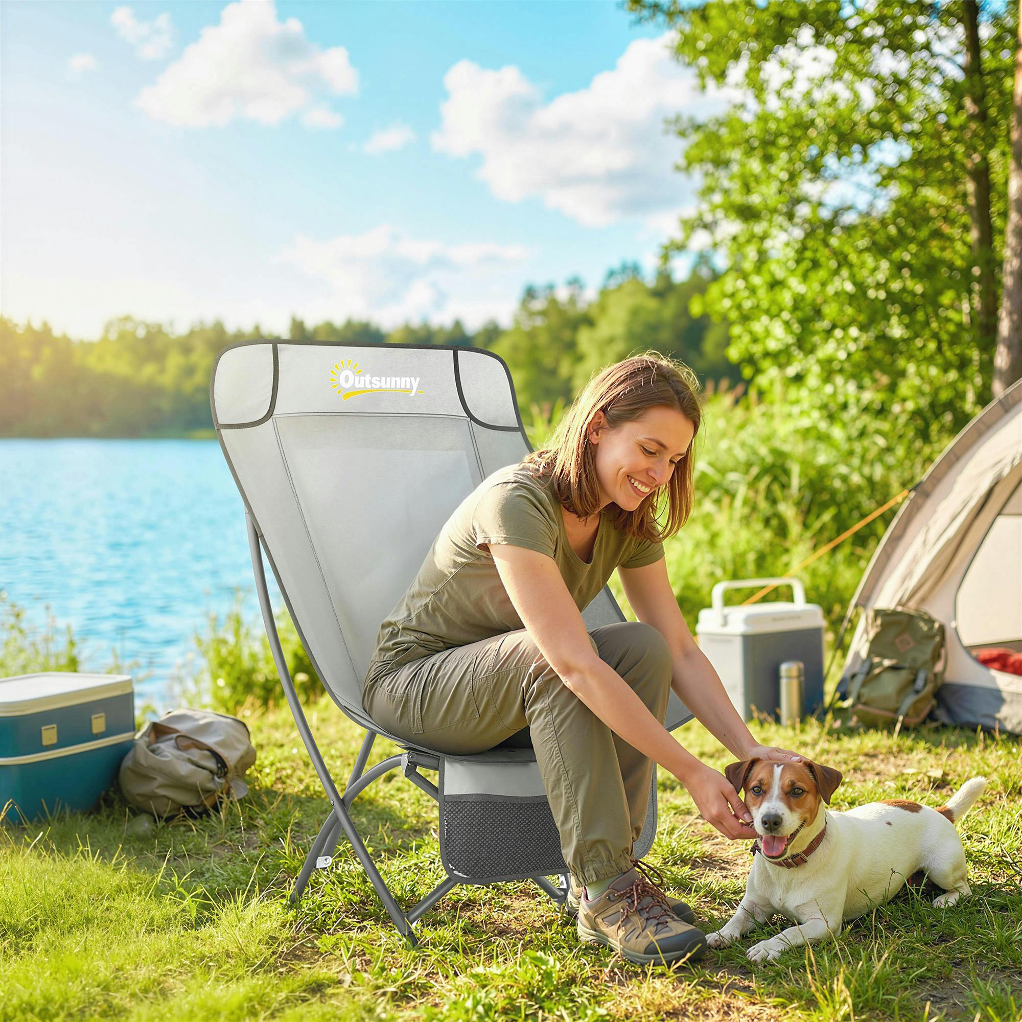 Outsunny Unisex Light Grey Camping Chair Portable With Side Pocket In | Size: Single - Image 2